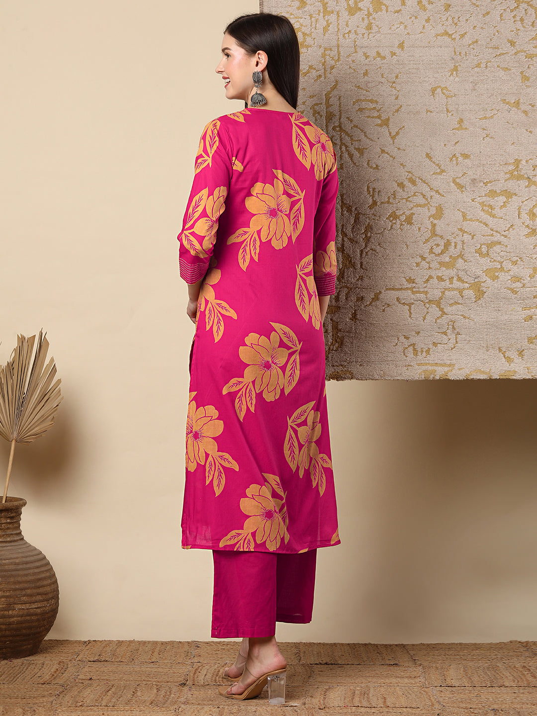 Abstract Floral Foil & Printed Straight Fit Kurta with Palazzo - Pink