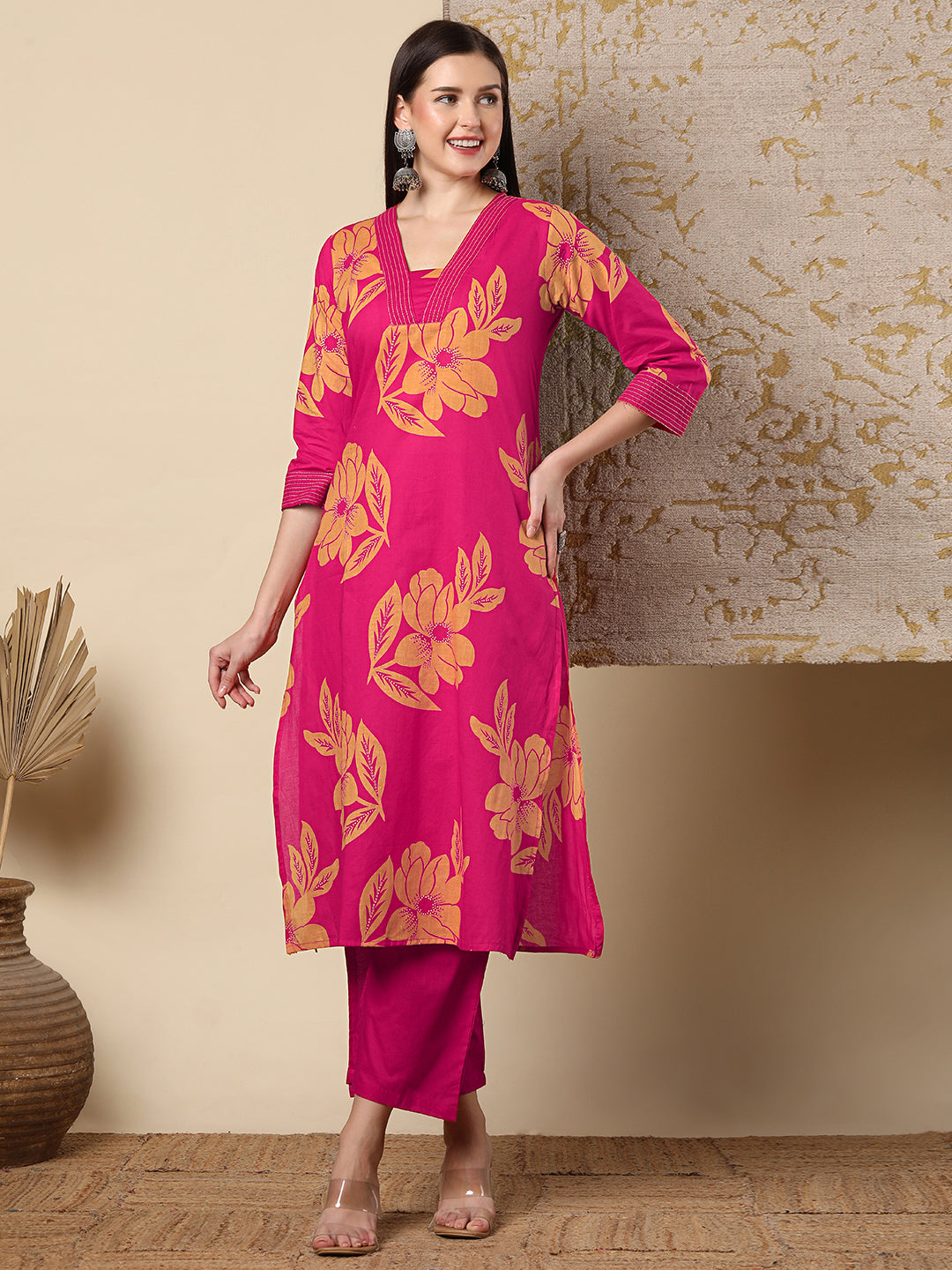 Abstract Floral Foil & Printed Straight Fit Kurta with Palazzo - Pink