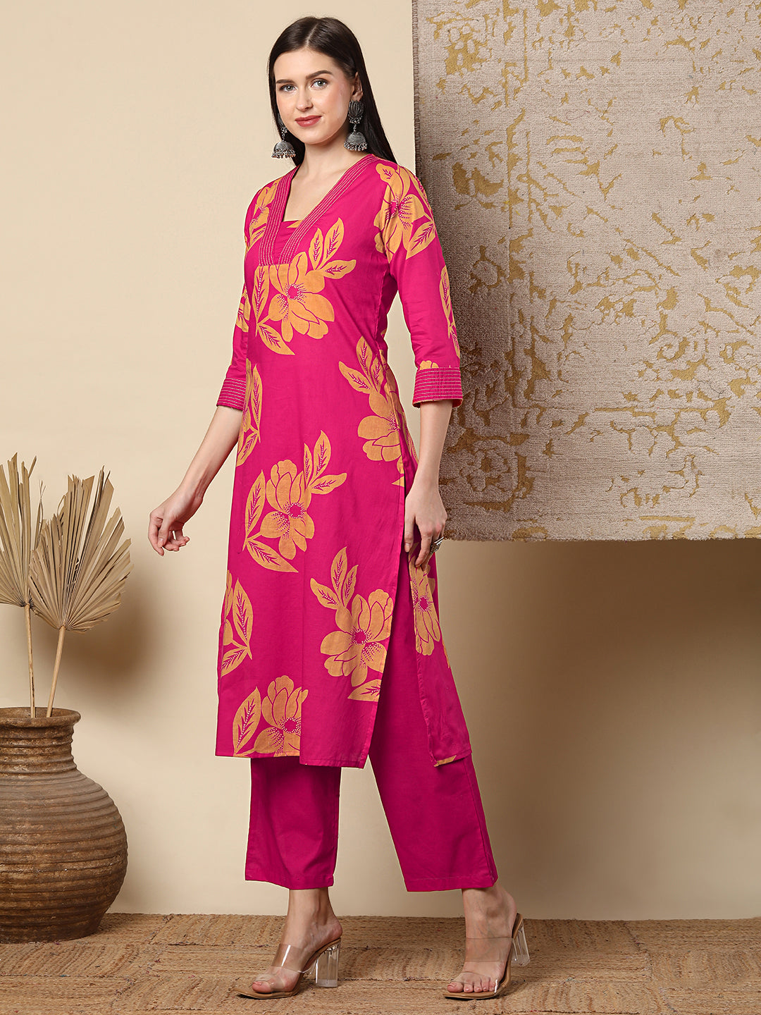 Abstract Floral Foil & Printed Straight Fit Kurta with Palazzo - Pink