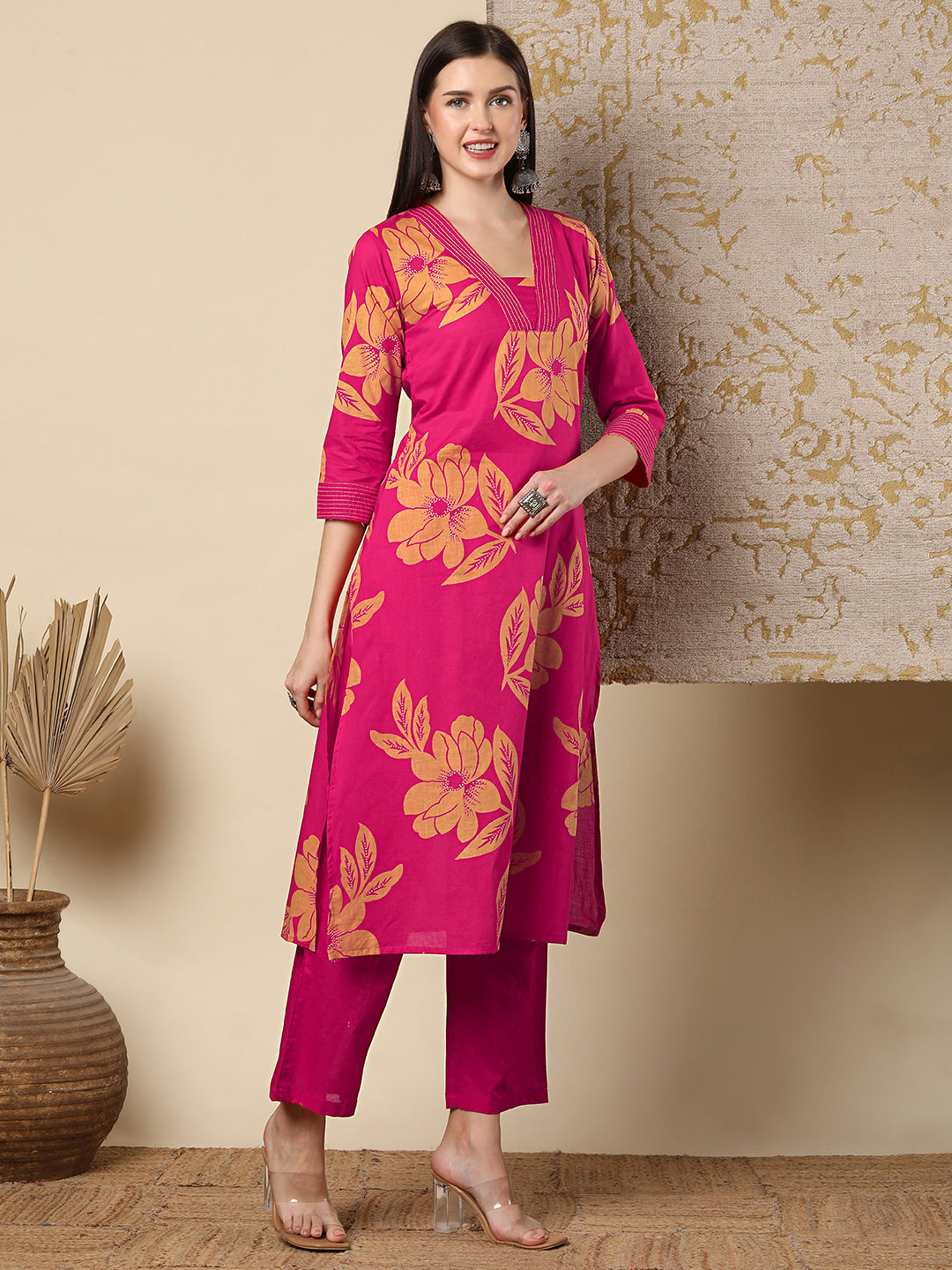 Abstract Floral Foil & Printed Straight Fit Kurta with Palazzo - Pink