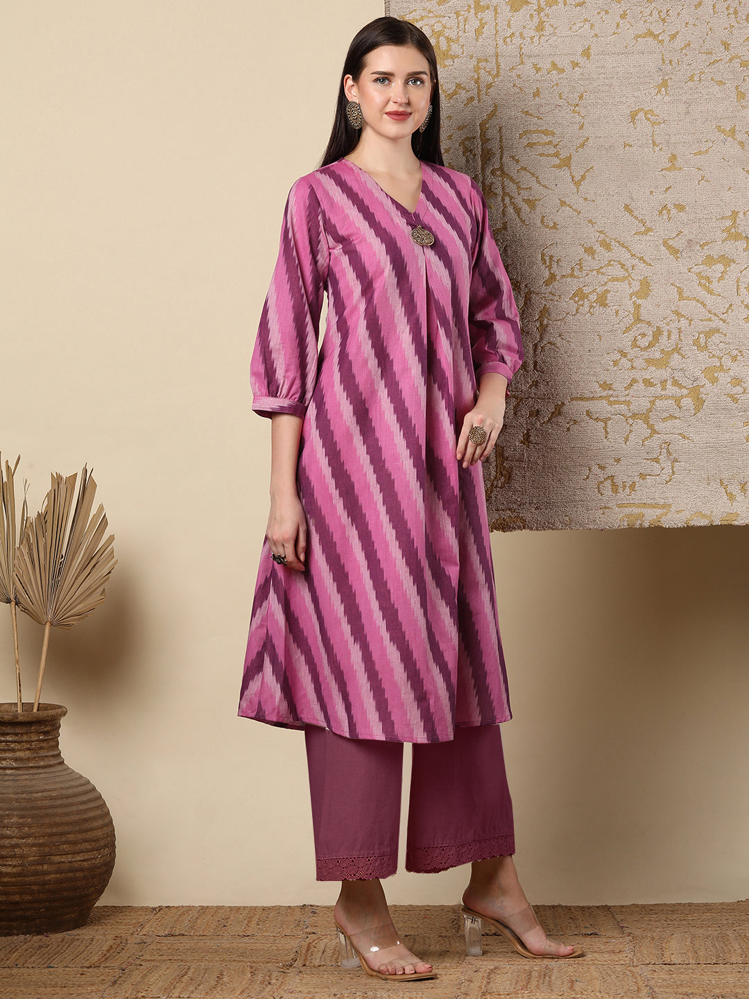 Ikat Striped A-line Flared Cotton Flax Midi Dress - Pink
