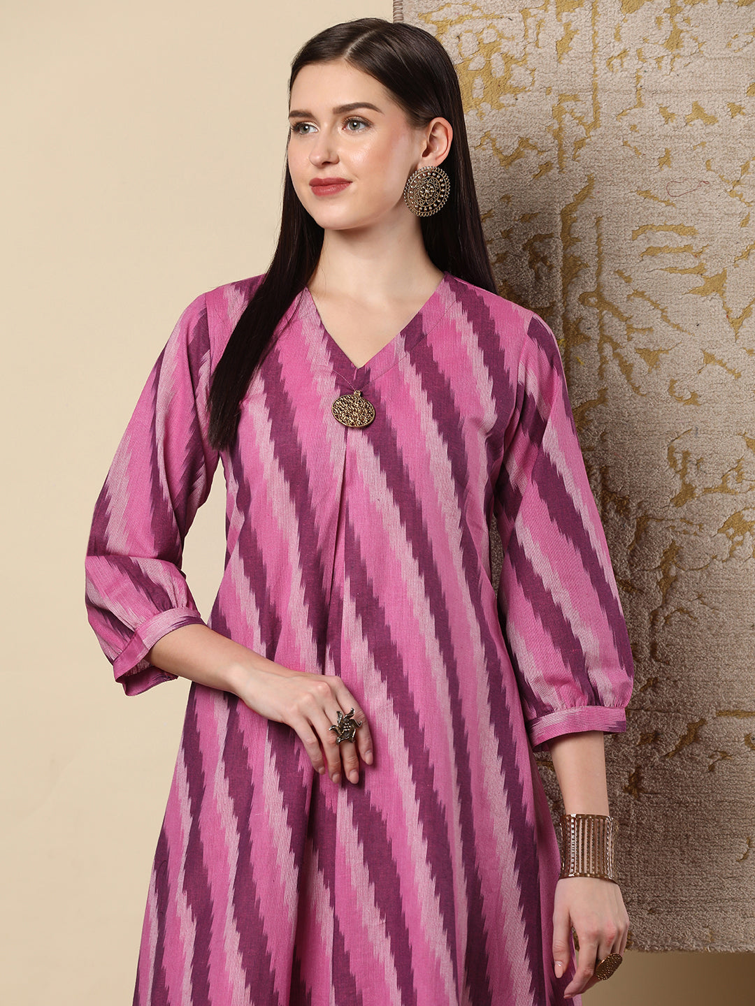 Ikat Striped A-line Flared Cotton Flax Midi Dress - Pink