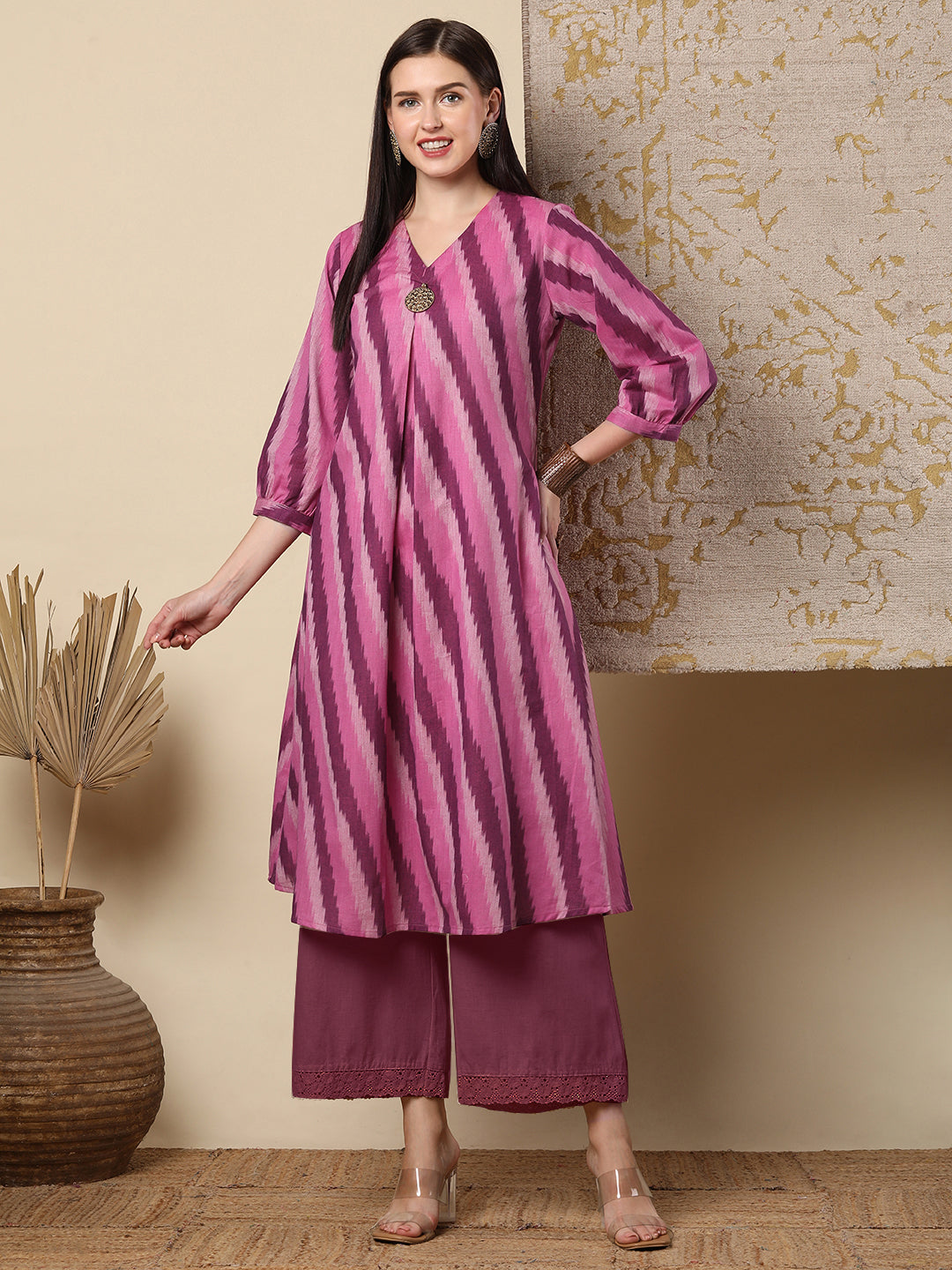 Ikat Striped A-line Flared Cotton Flax Midi Dress - Pink