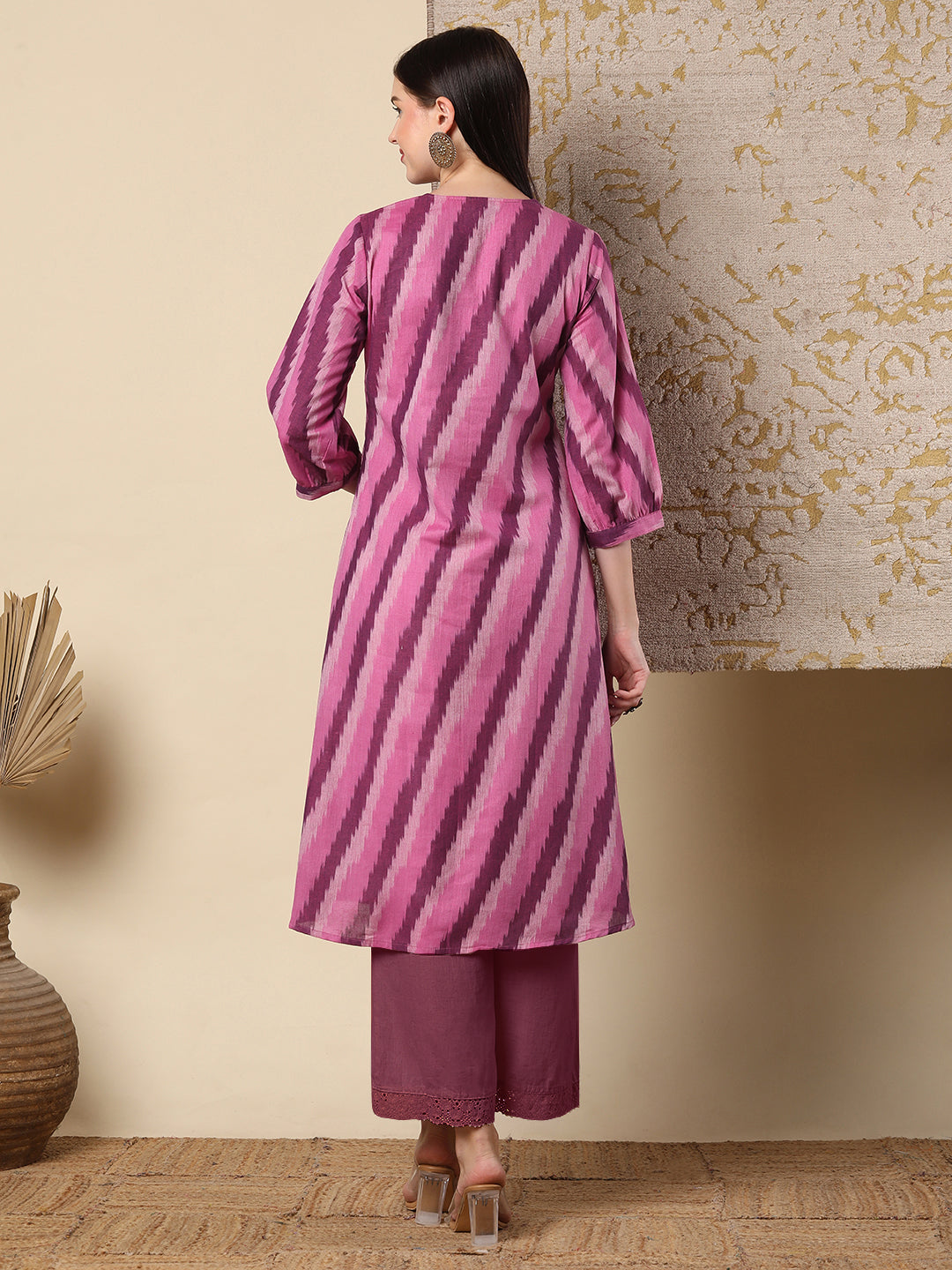 Ikat Striped A-line Flared Cotton Flax Midi Dress - Pink