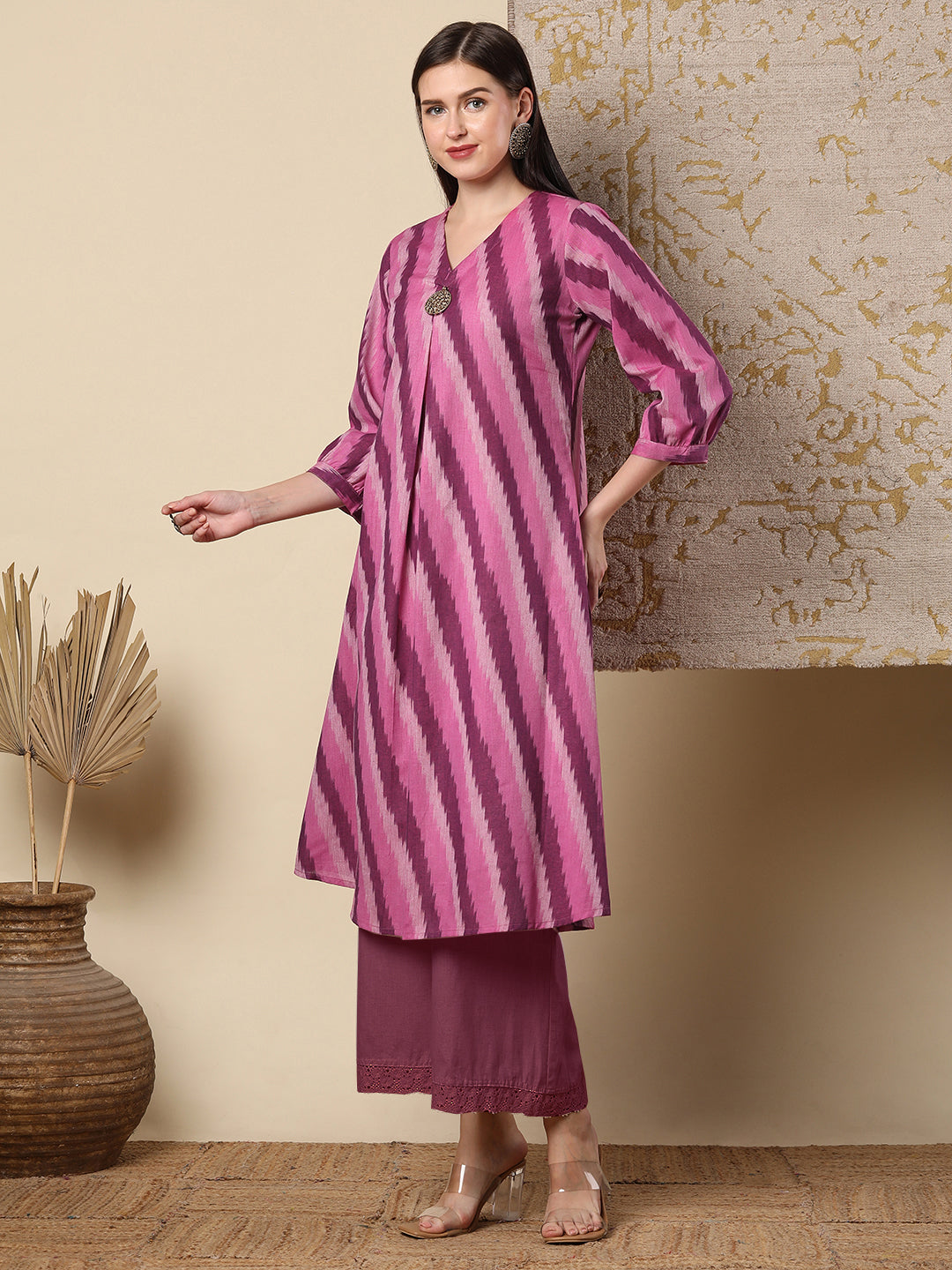 Ikat Striped A-line Flared Cotton Flax Midi Dress - Pink