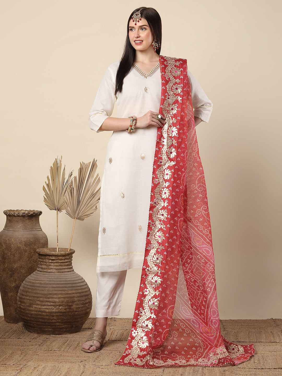 Solid Gota Patti Embroidered Straight Cut Kurta with Pant & Dupatta - Off White