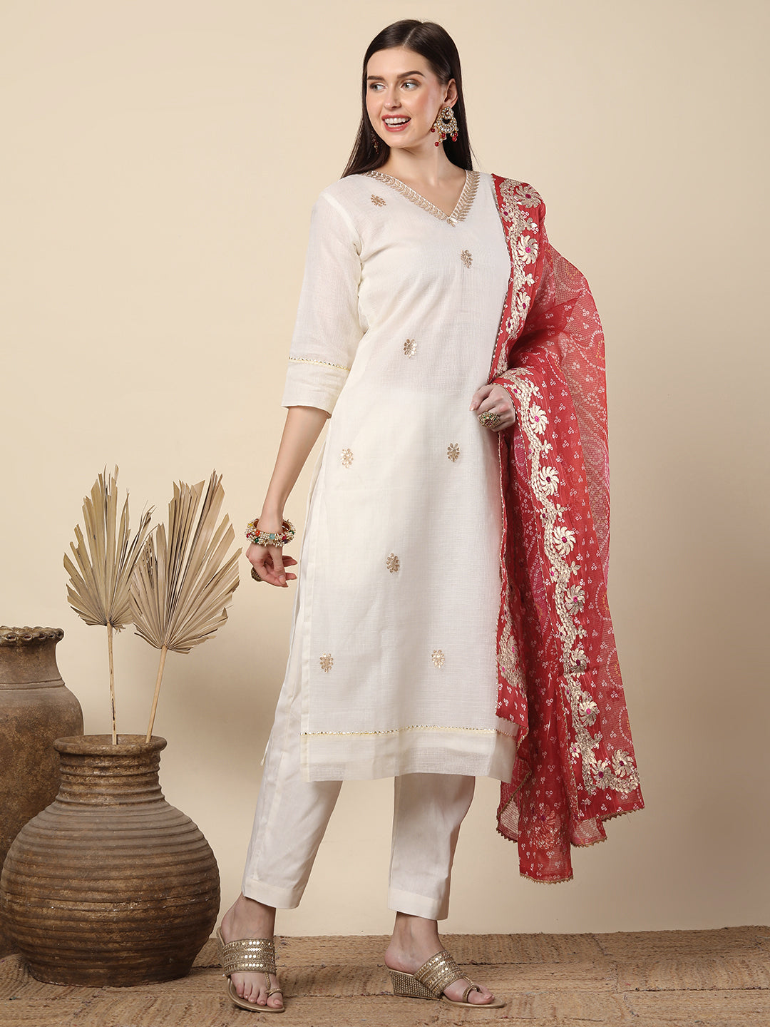 Solid Gota Patti Embroidered Straight Cut Kurta with Pant & Dupatta - Off White