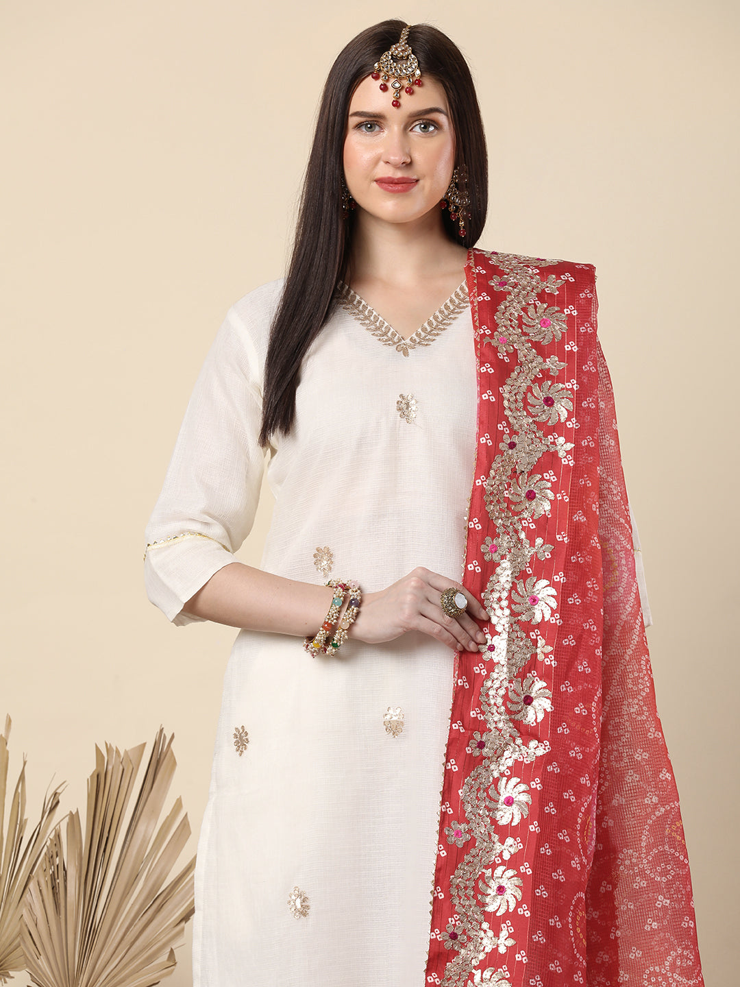 Solid Gota Patti Embroidered Straight Cut Kurta with Pant & Dupatta - Off White