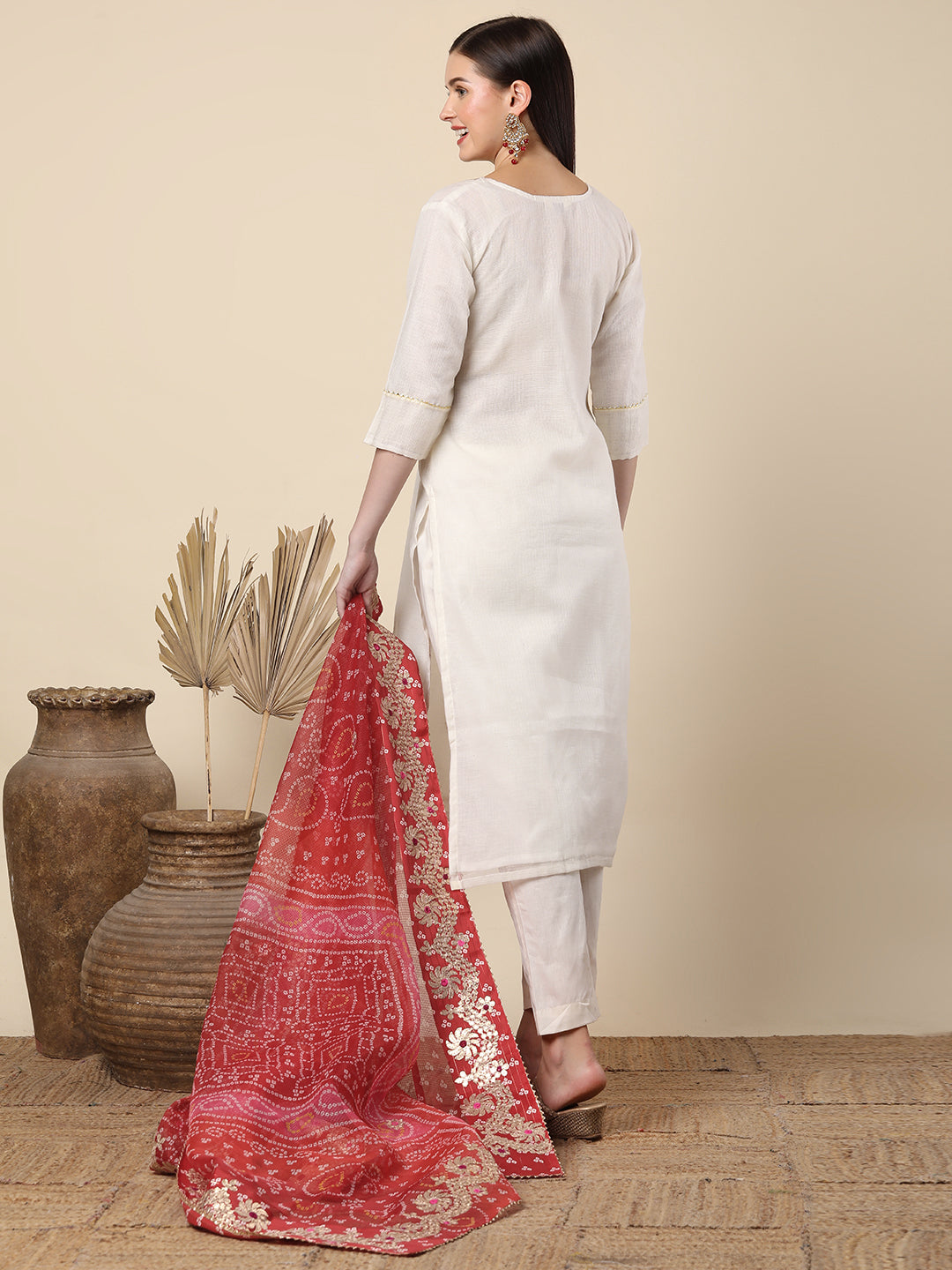 Solid Gota Patti Embroidered Straight Cut Kurta with Pant & Dupatta - Off White