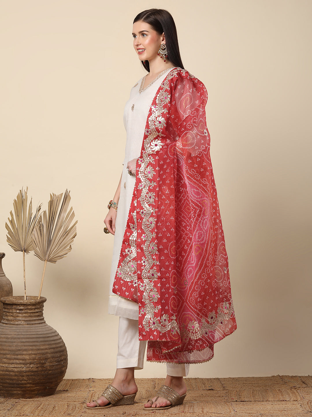 Solid Gota Patti Embroidered Straight Cut Kurta with Pant & Dupatta - Off White