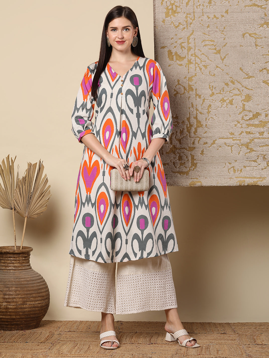 Abstract Ikat Printed A-Line Flared Kurta - Multi