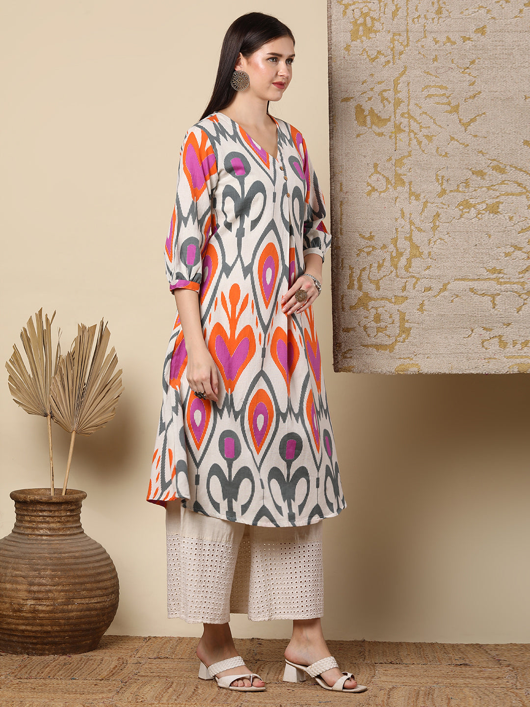 Abstract Ikat Printed A-Line Flared Kurta - Multi