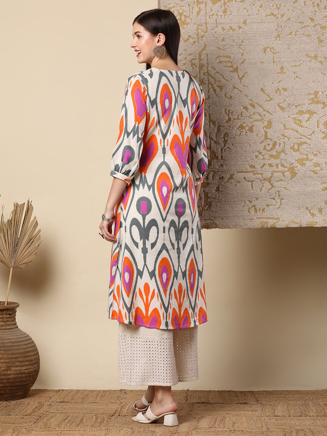 Abstract Ikat Printed A-Line Flared Kurta - Multi