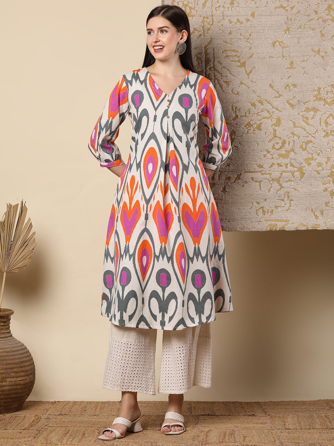 Abstract Ikat Printed A-Line Flared Kurta - Multi