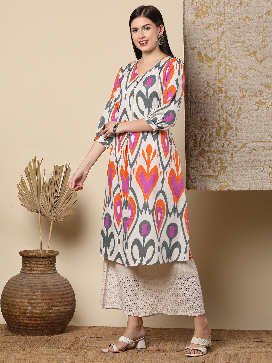 Abstract Ikat Printed A-Line Flared Kurta - Multi