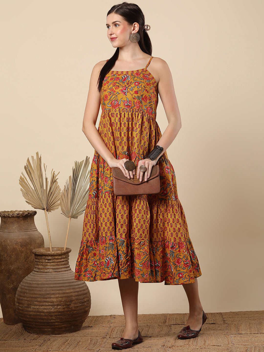 Ethnic Floral Printed A-Line Tiered Flared Midi Dress Yellow