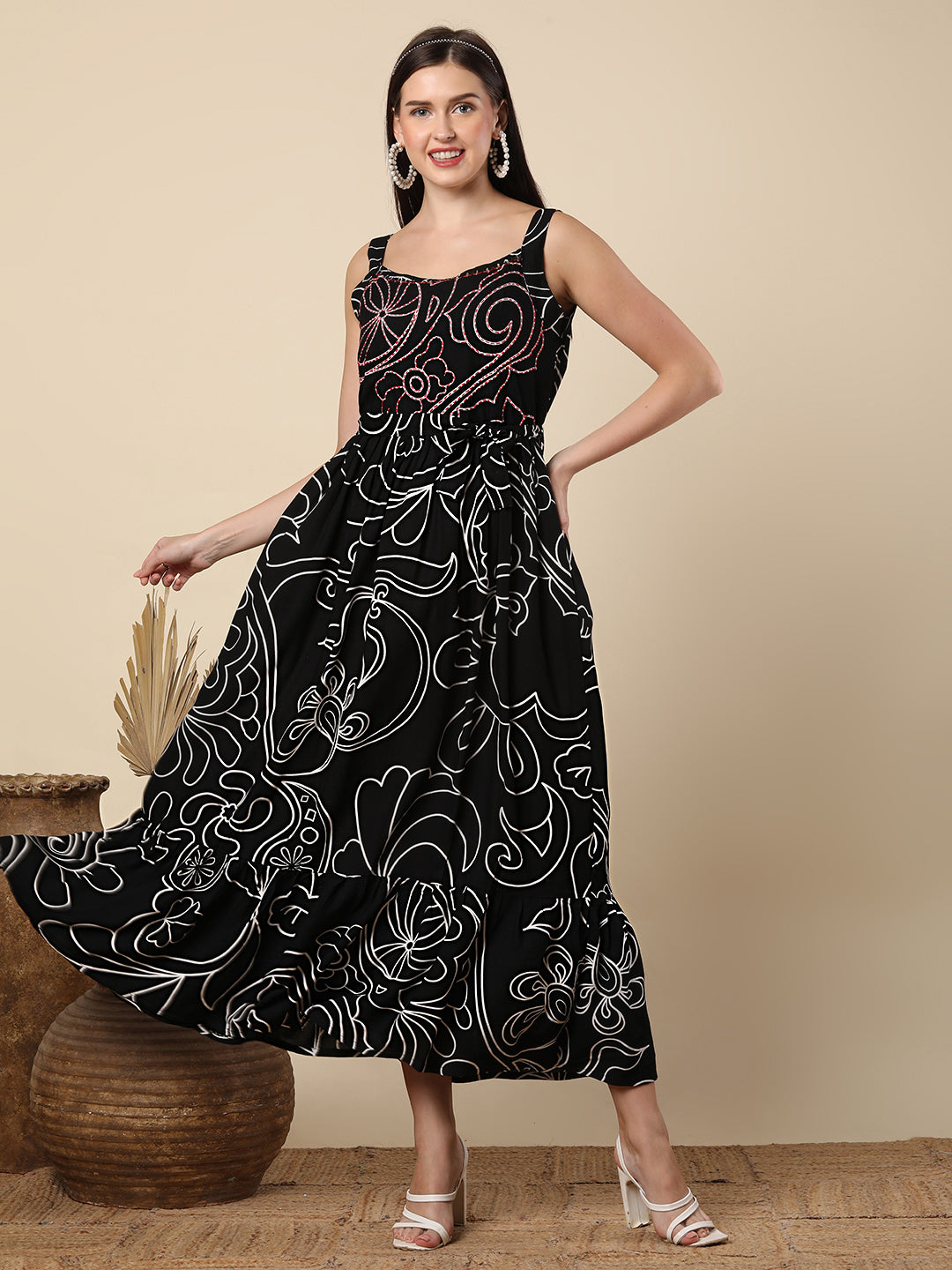 Abstract Printed & Mirror Embroidered A-Line Plated Maxi Dress - Black
