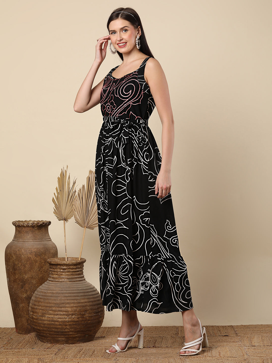 Abstract Printed & Mirror Embroidered A-Line Plated Maxi Dress - Black