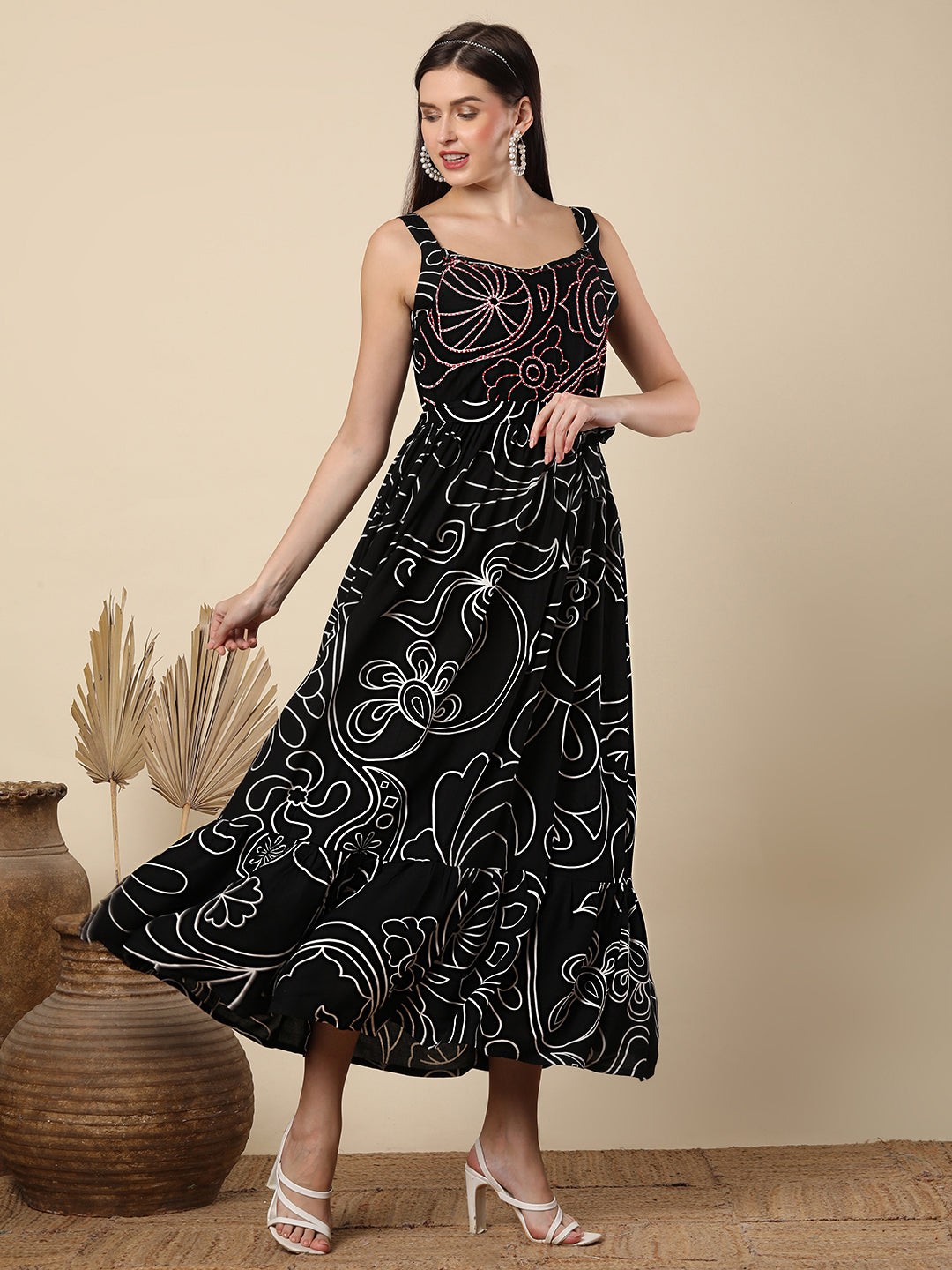 Abstract Printed & Mirror Embroidered A-Line Plated Maxi Dress - Black