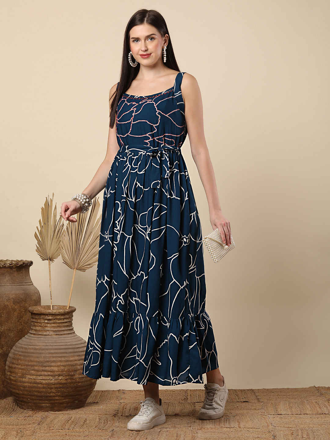 Abstract Printed & Mirror Embroidered A-Line Plated Maxi Dress - Blue