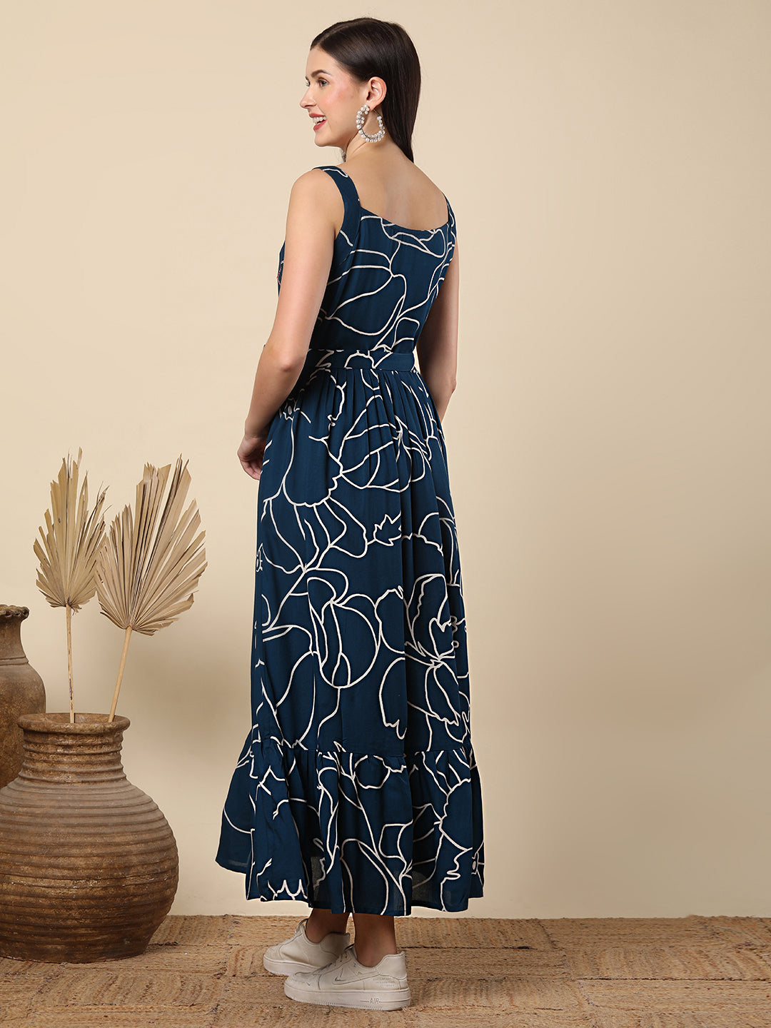 Abstract Printed & Mirror Embroidered A-Line Plated Maxi Dress - Blue