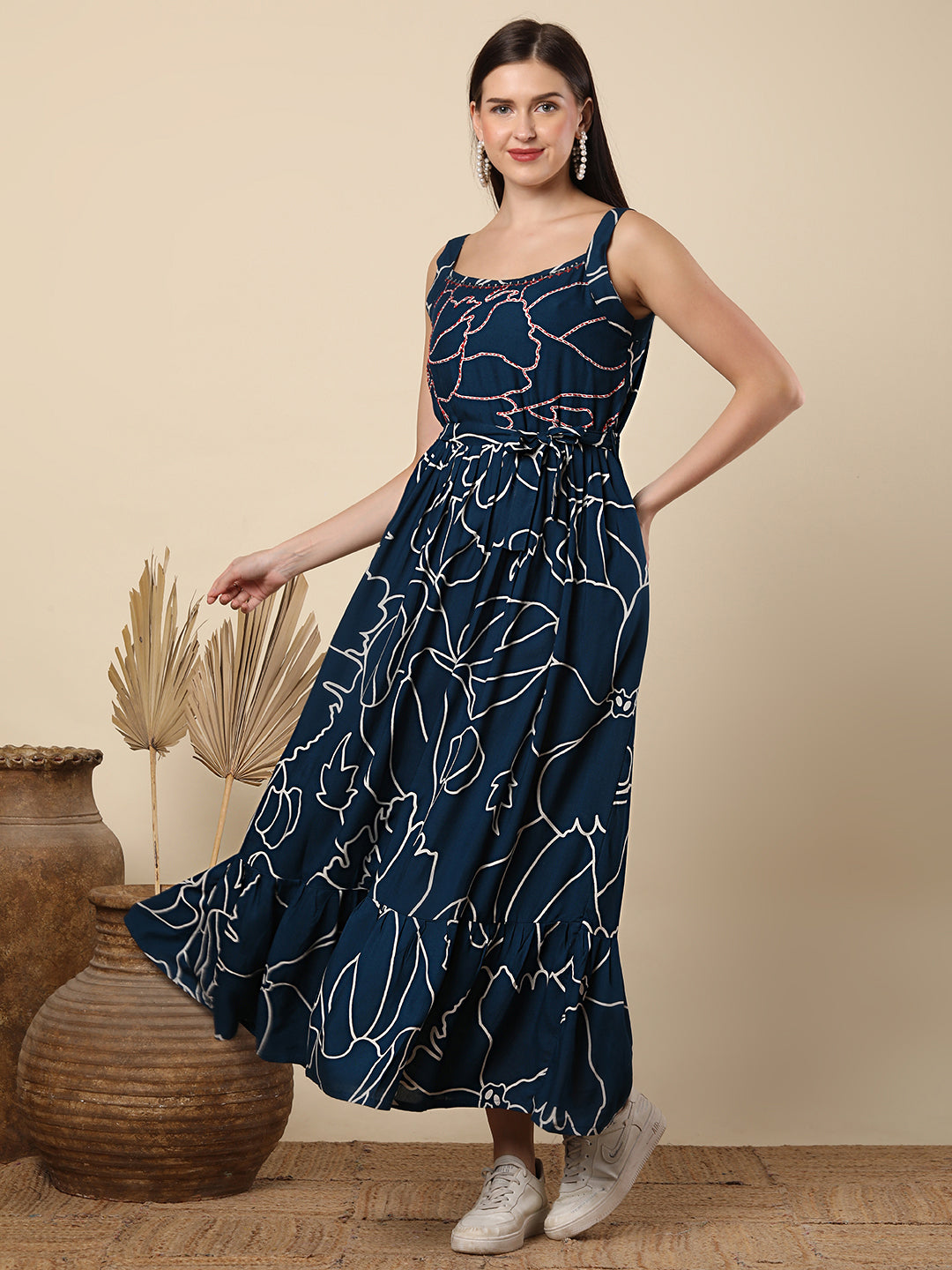 Abstract Printed & Mirror Embroidered A-Line Plated Maxi Dress - Blue
