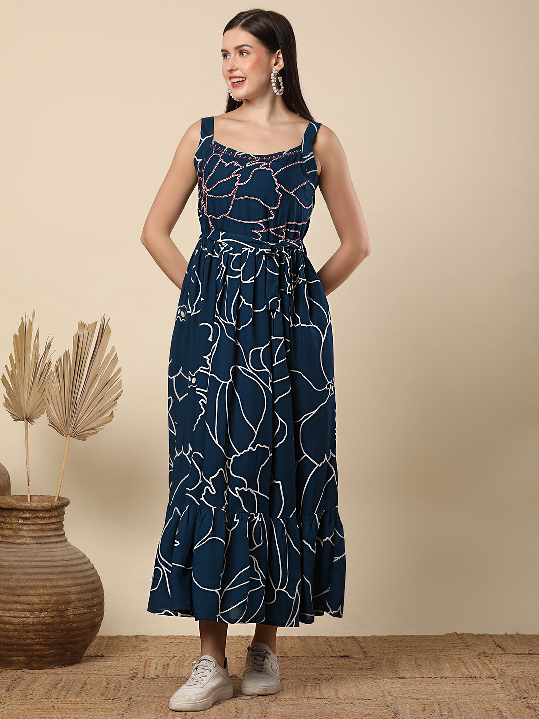 Abstract Printed & Mirror Embroidered A-Line Plated Maxi Dress - Blue