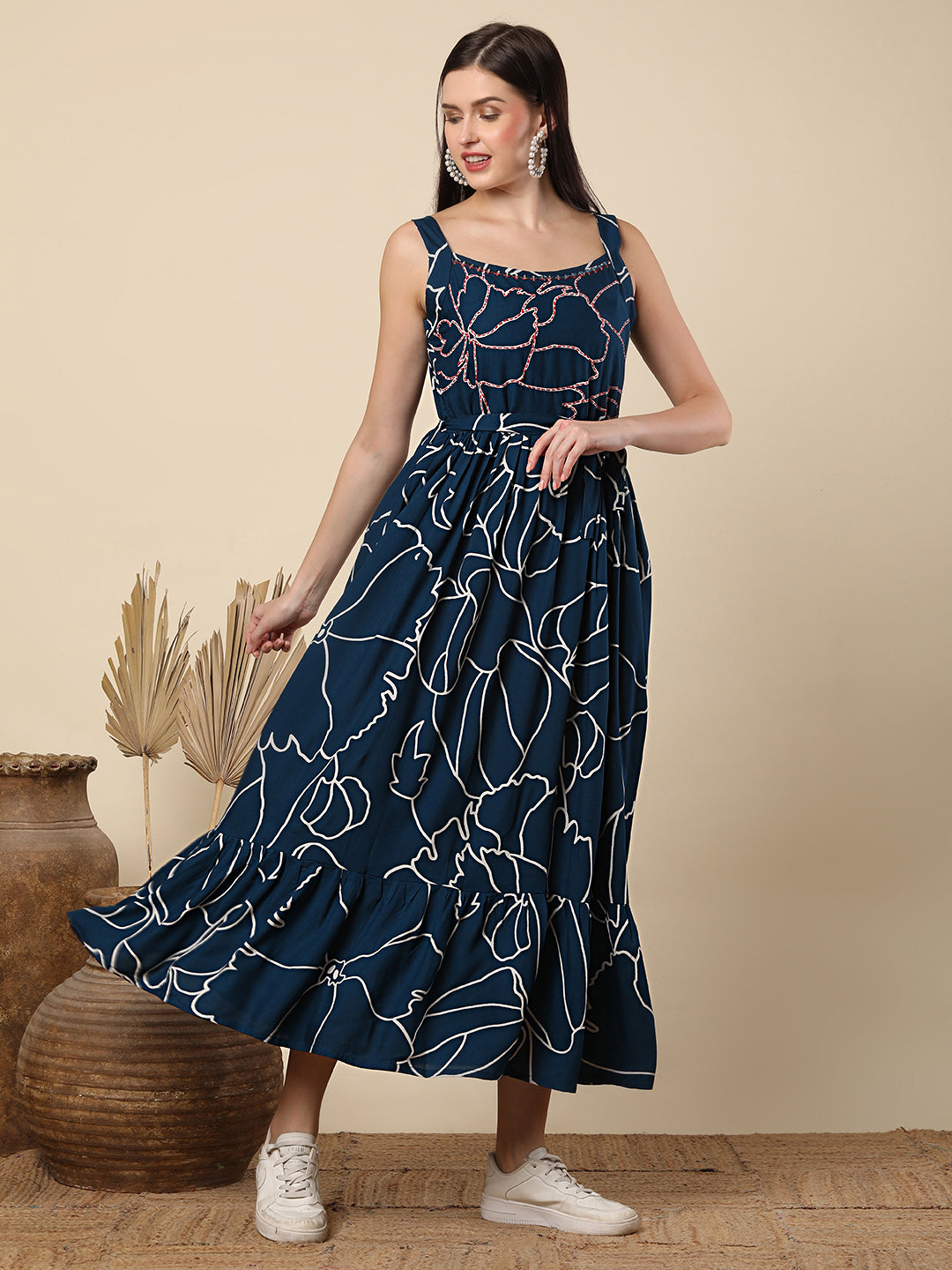 Abstract Printed & Mirror Embroidered A-Line Plated Maxi Dress - Blue