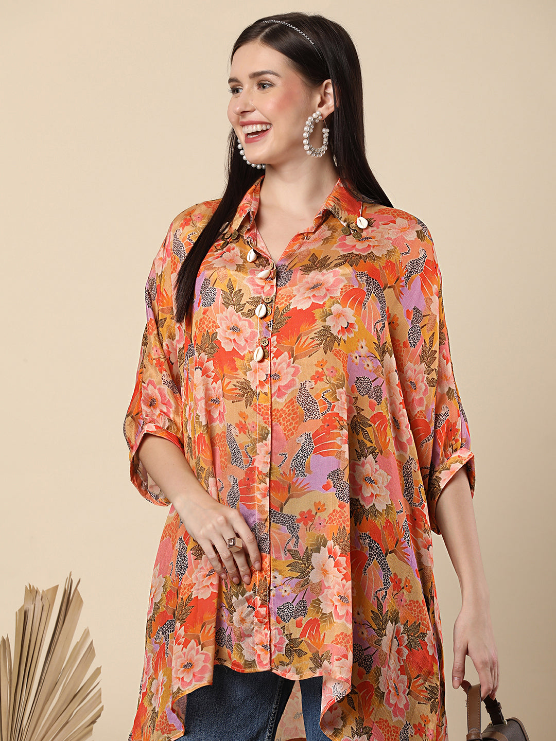 Wild Botanica Printed Kaftan Chinnon Chiffon Top - Orange