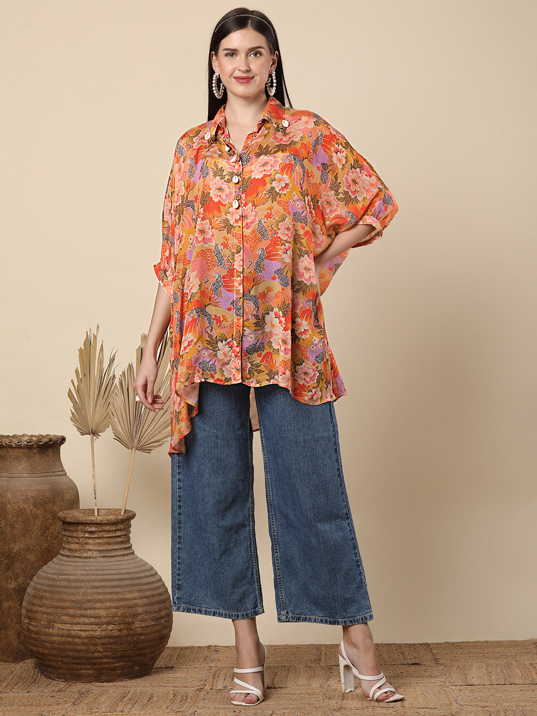 Wild Botanica Printed Kaftan Chinnon Chiffon Top - Orange