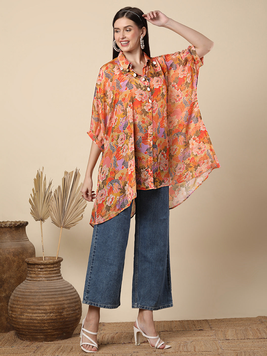 Wild Botanica Printed Kaftan Chinnon Chiffon Top - Orange
