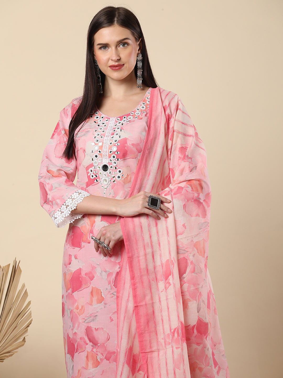 Abstract Printed & Mirror Embroidered Straight Kurta with Palazzo & Dupatta - Pink