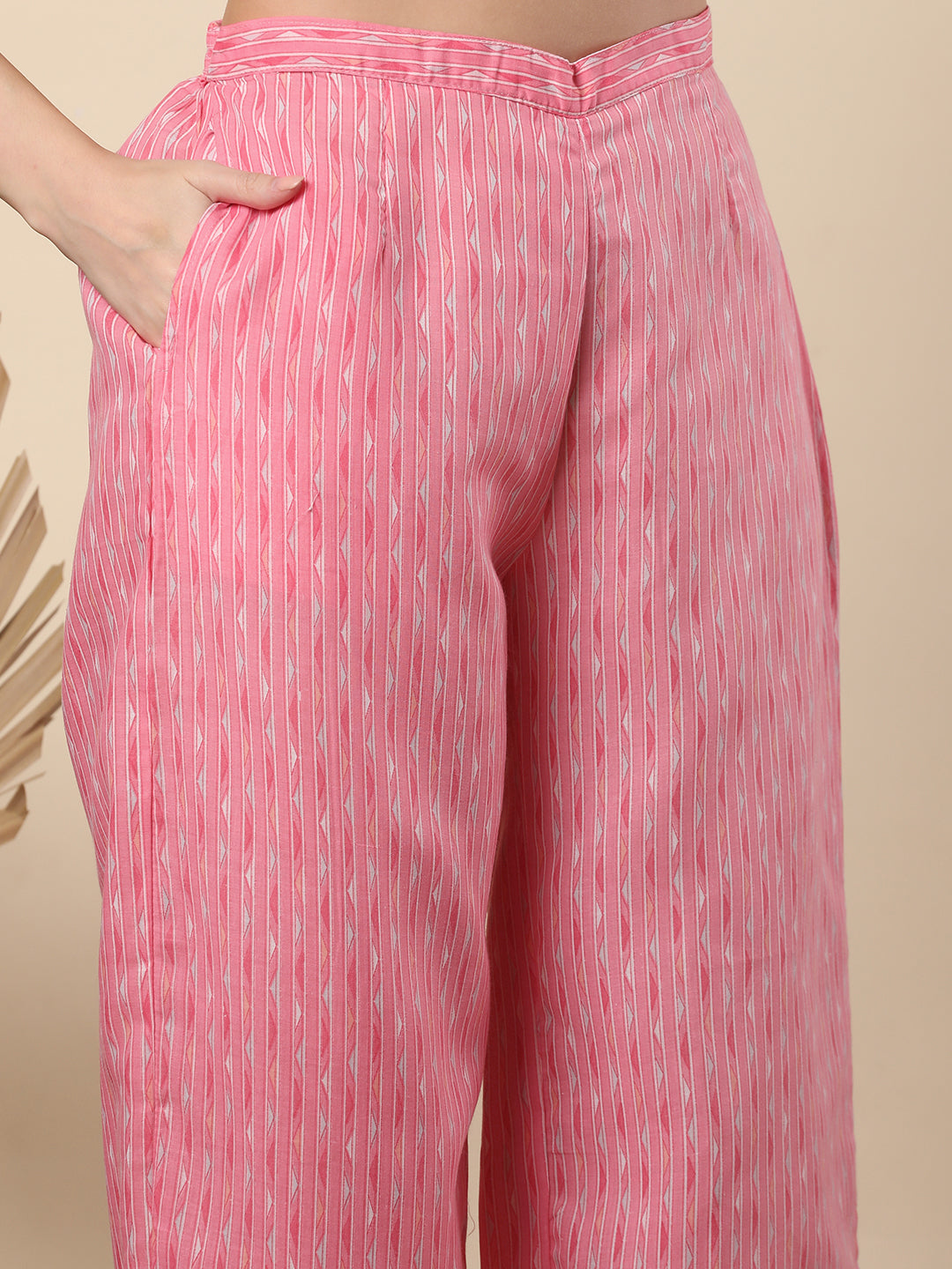 Abstract Printed & Mirror Embroidered Straight Kurta with Palazzo & Dupatta - Pink