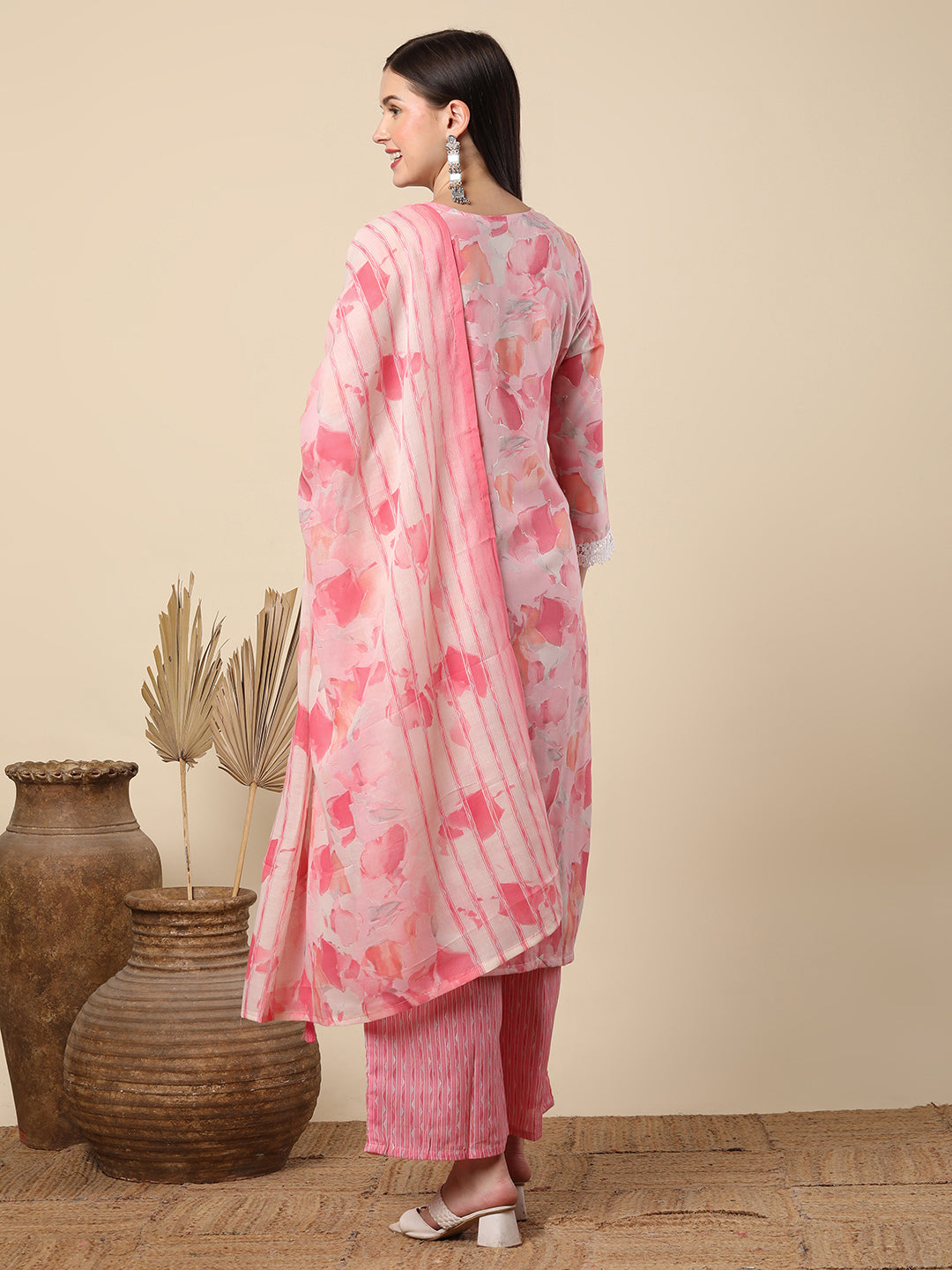 Abstract Printed & Mirror Embroidered Straight Kurta with Palazzo & Dupatta - Pink