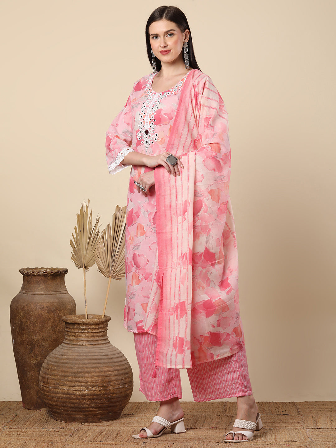 Abstract Printed & Mirror Embroidered Straight Kurta with Palazzo & Dupatta - Pink