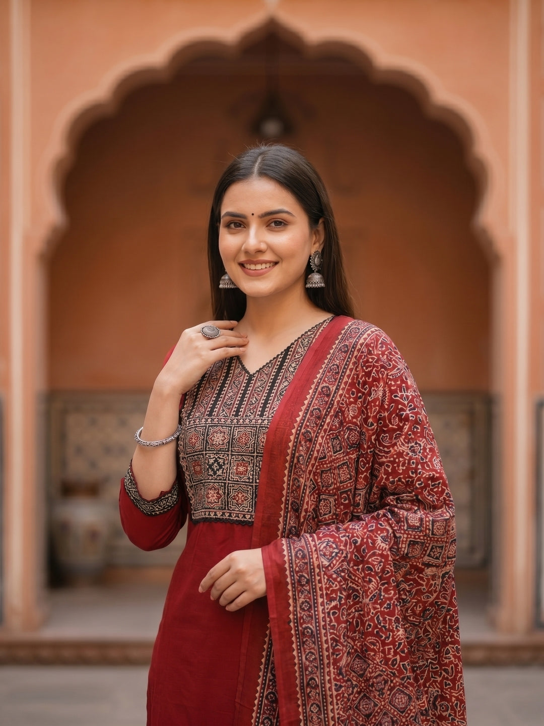 Ethnic Floral Printed Yoke Straight Cut Solid Kurta with Pant and Printed Dupatta - Red