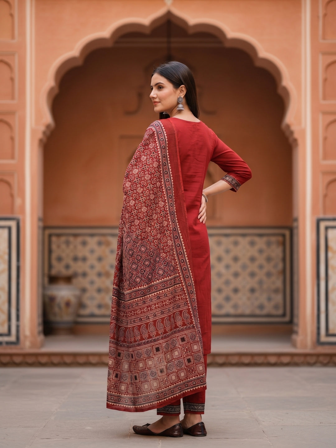 Ethnic Floral Printed Yoke Straight Cut Solid Kurta with Pant and Printed Dupatta - Red