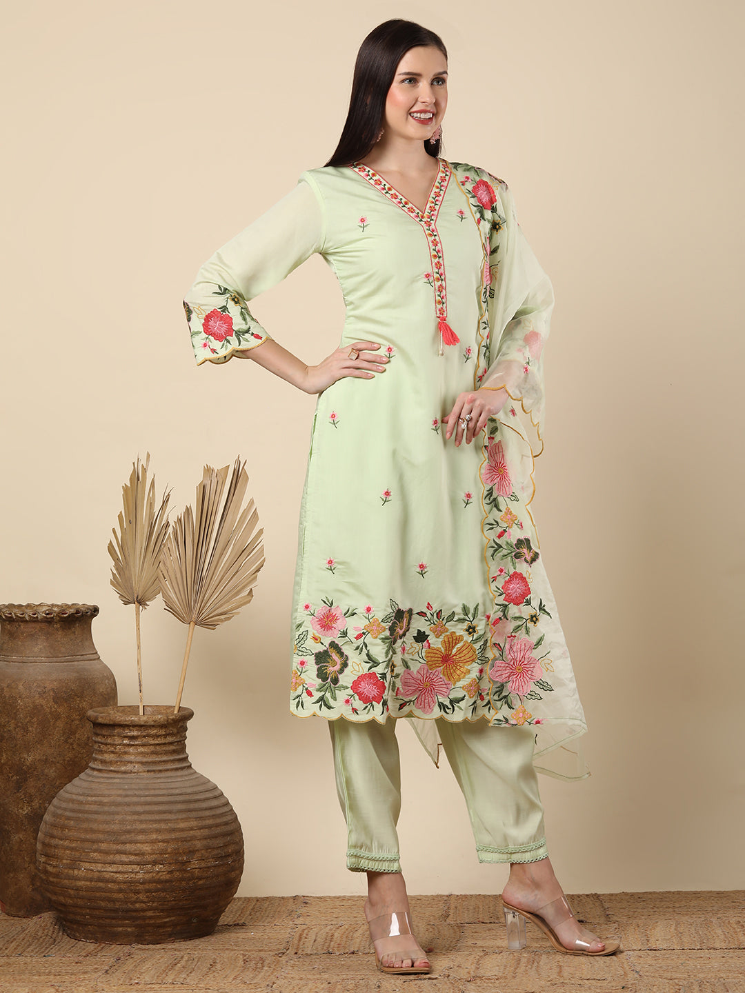 Floral Threadwork Embroidered Straight Cut Kurta with Pant & Organza Dupatta - Light Green