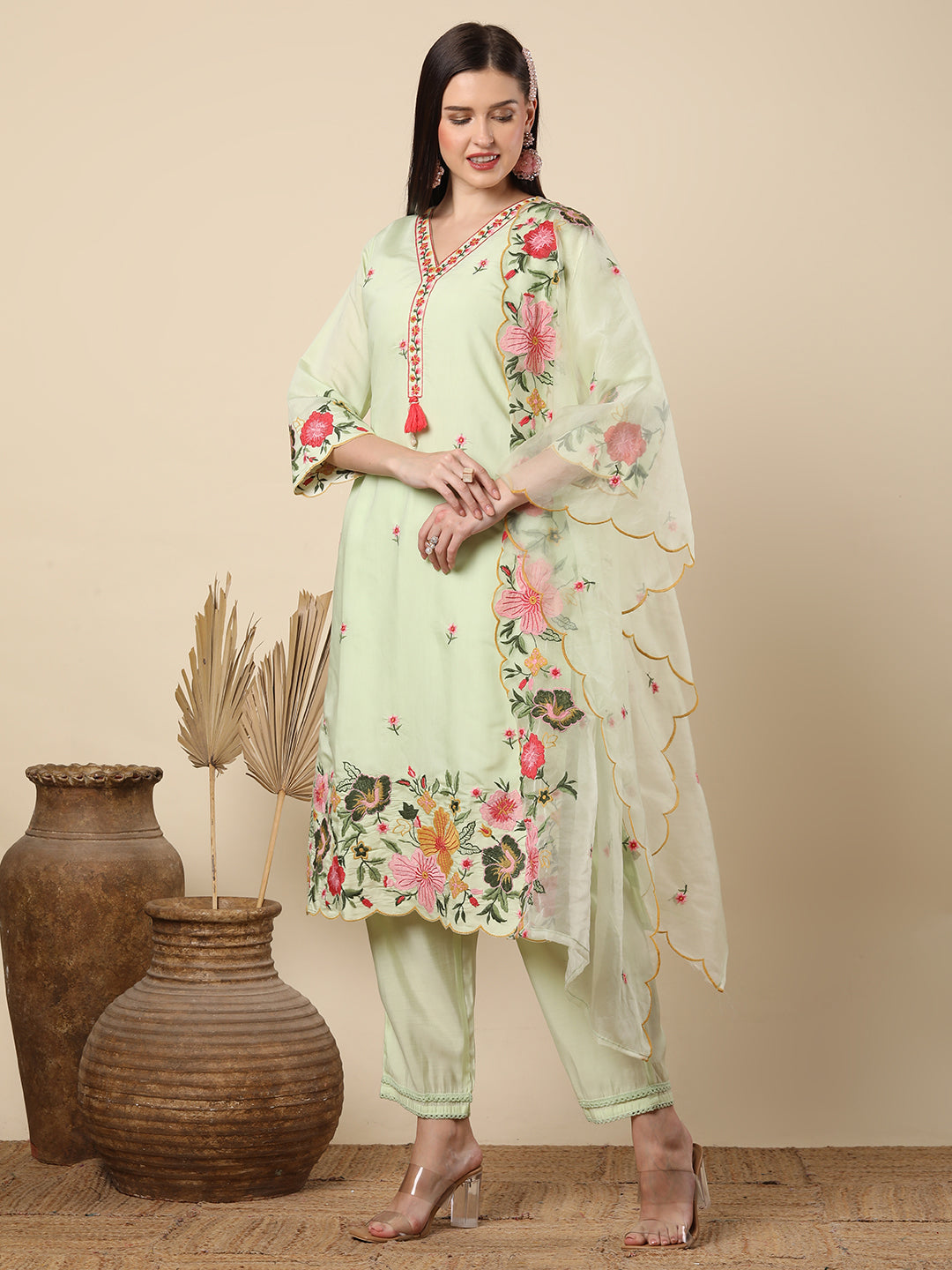 Floral Threadwork Embroidered Straight Cut Kurta with Pant & Organza Dupatta - Light Green