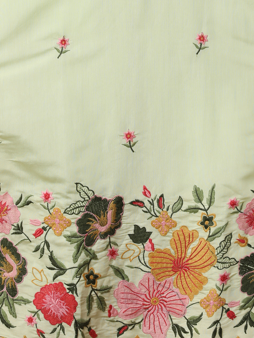 Floral Threadwork Embroidered Straight Cut Kurta with Pant & Organza Dupatta - Light Green