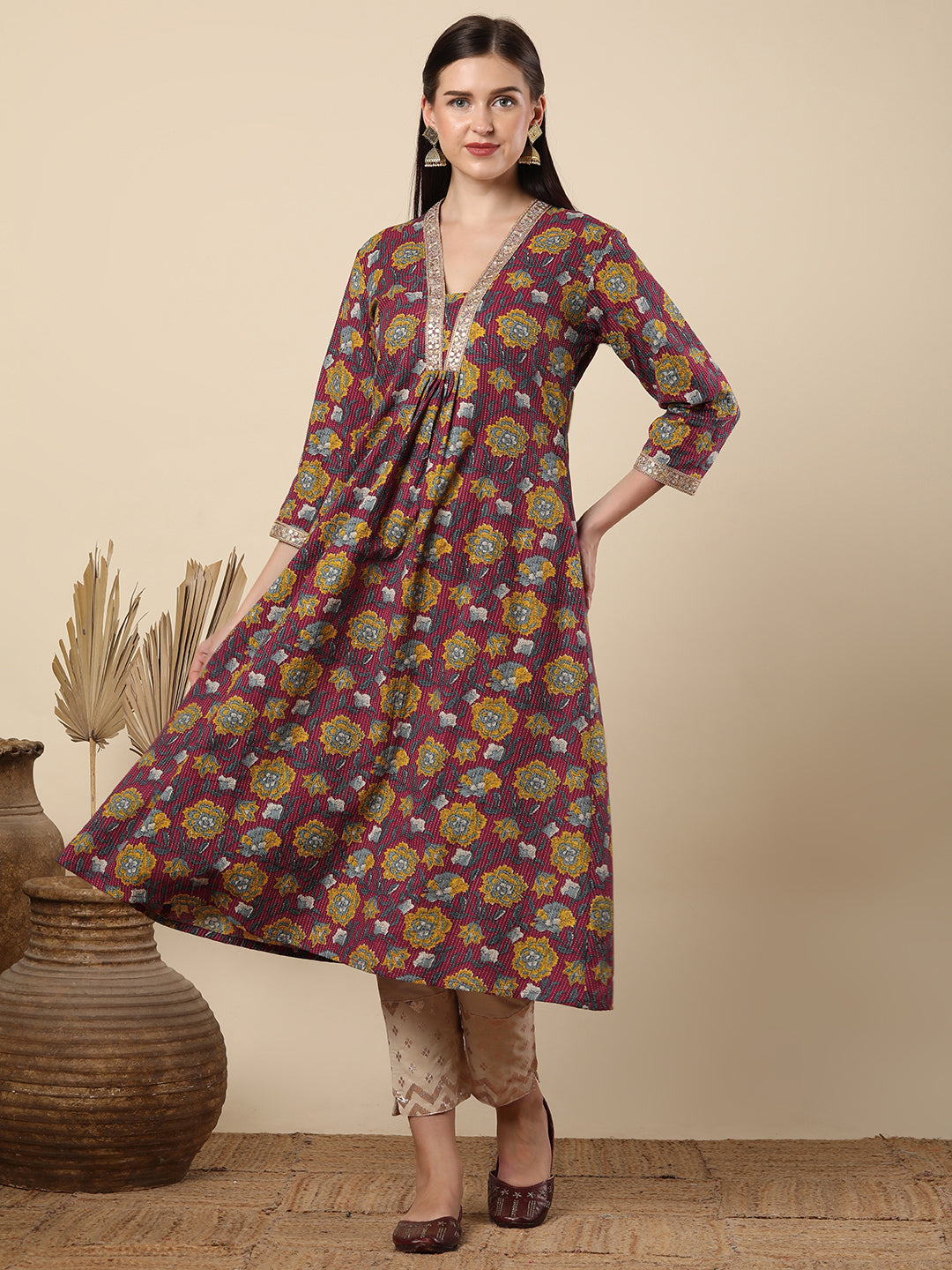 Abstract Floral Printed A-Line Pleated Kurta - Purple