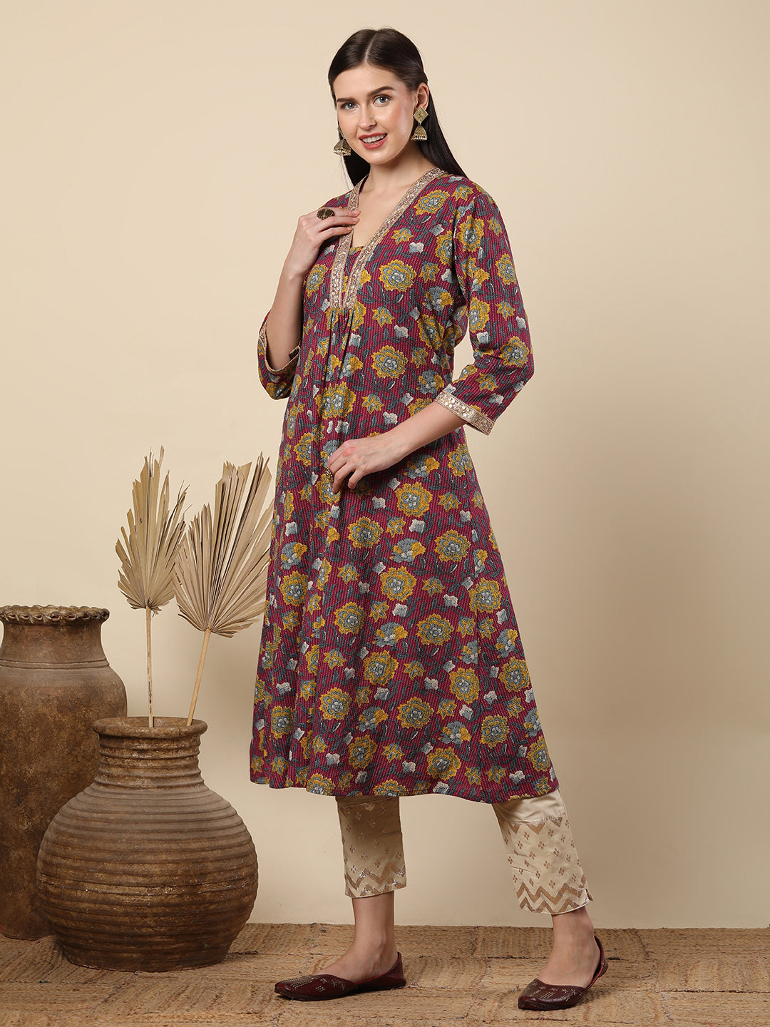 Abstract Floral Printed A-Line Pleated Kurta - Purple