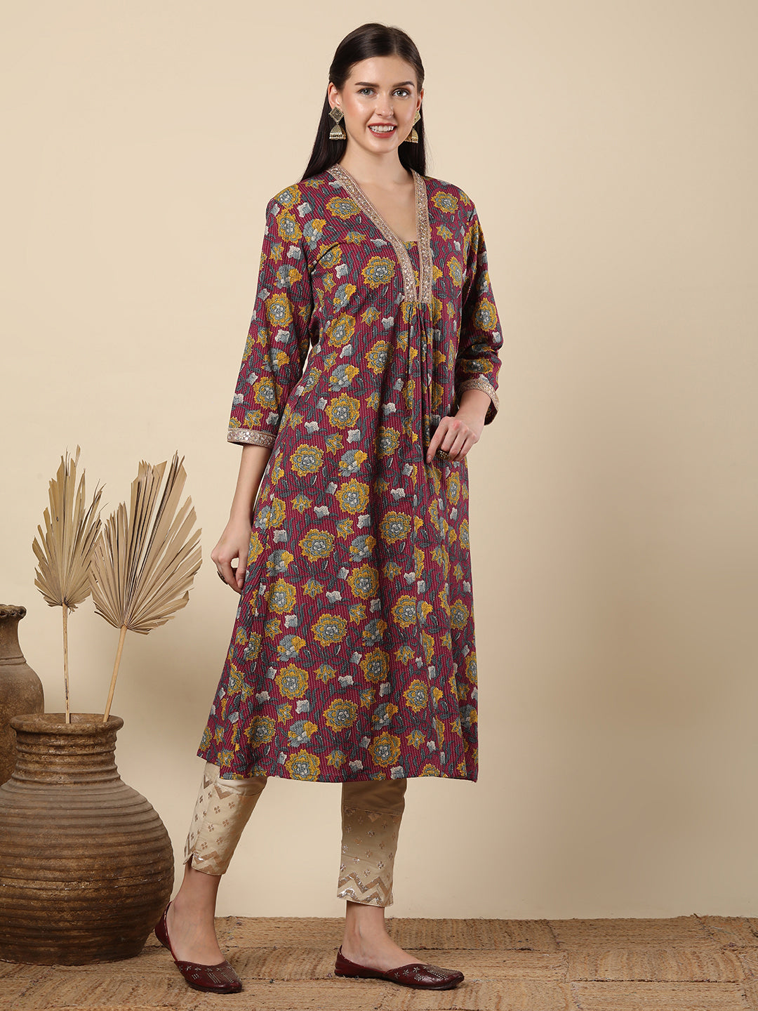 Abstract Floral Printed A-Line Pleated Kurta - Purple