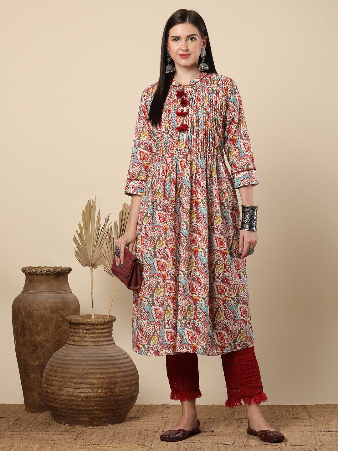 Ethnic Paisley Printed & Pin Tucked A-Line Flared Cotton Kurta - Red