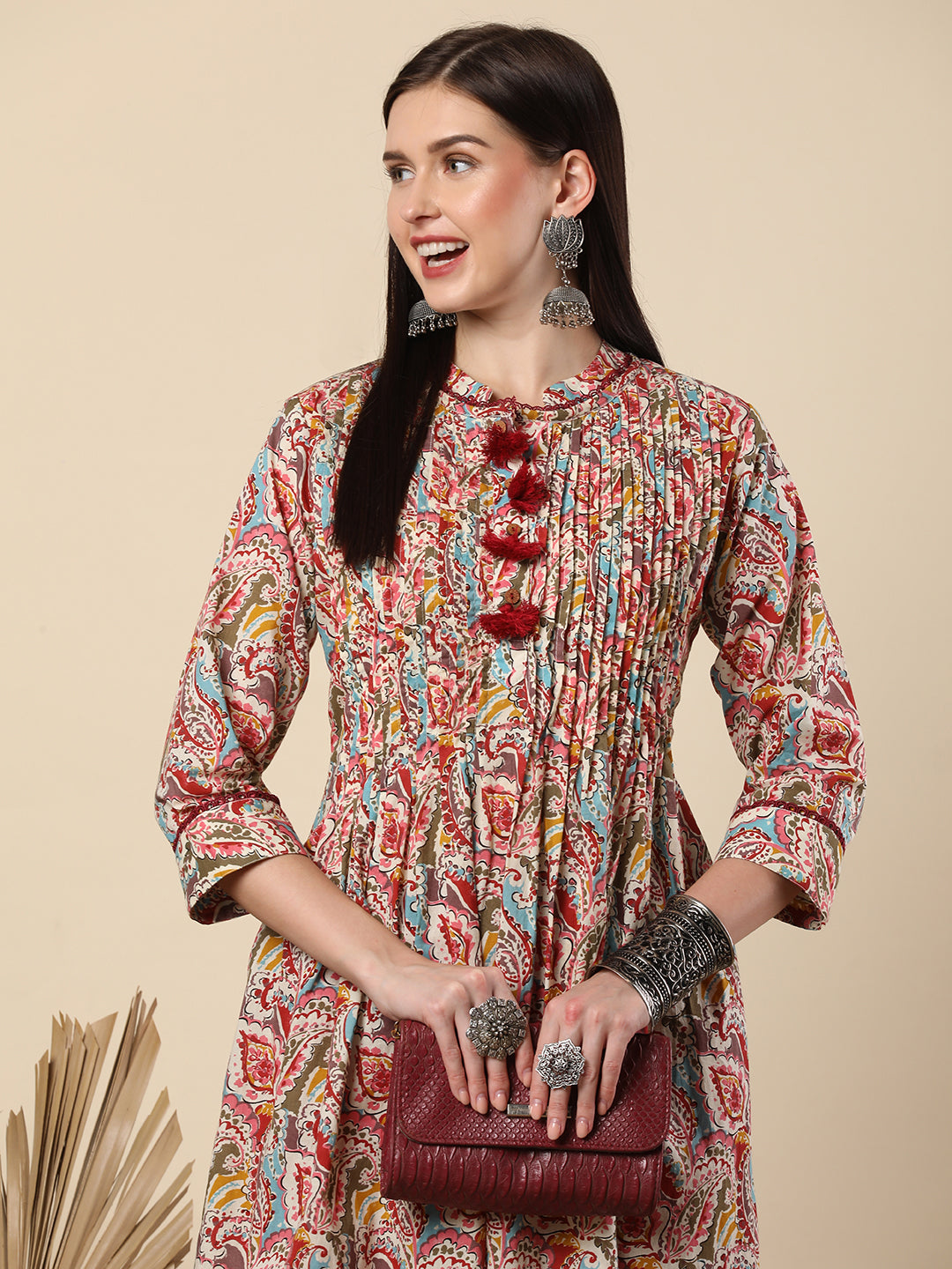 Ethnic Paisley Printed & Pin Tucked A-Line Flared Cotton Kurta - Red