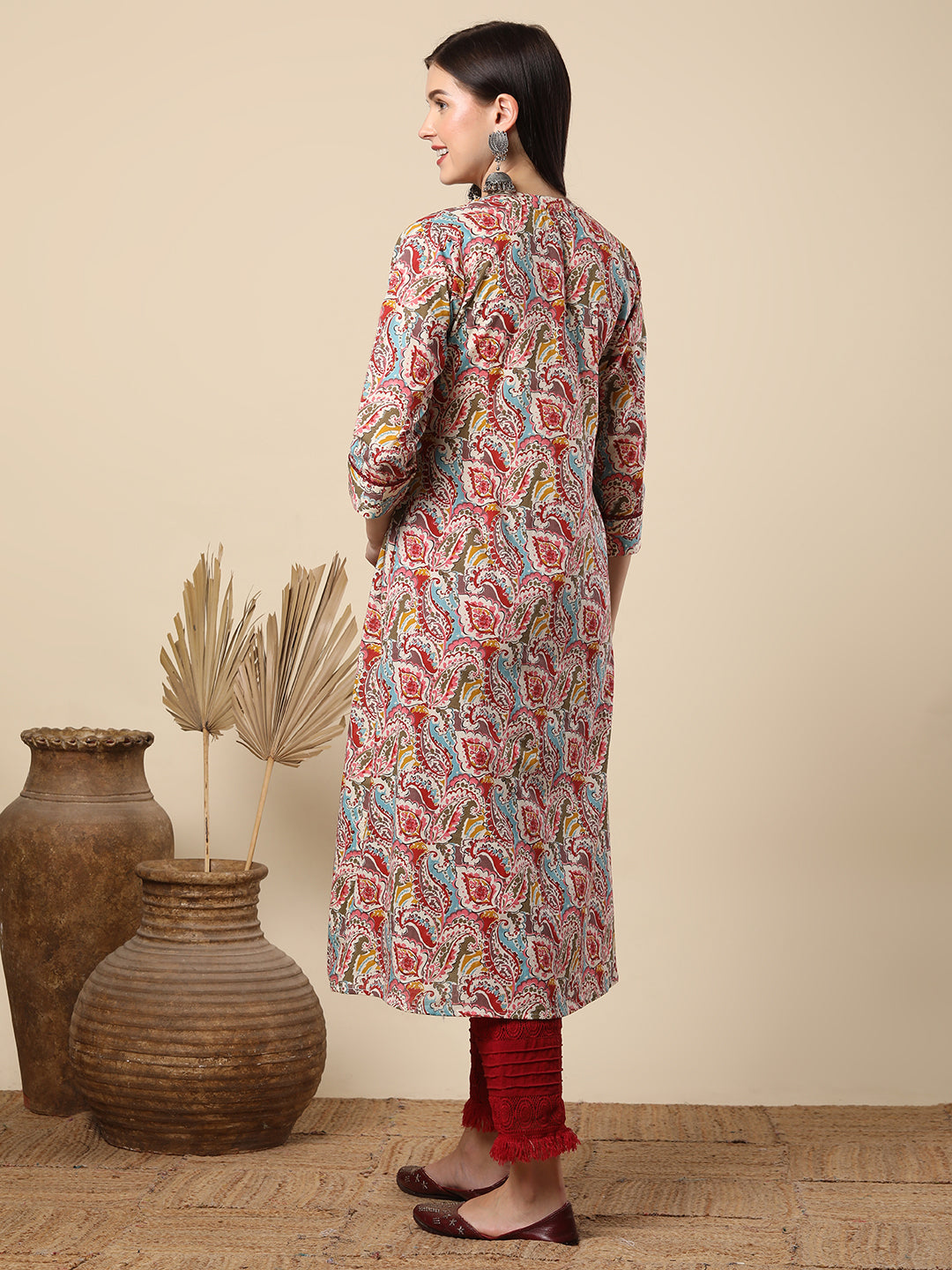 Ethnic Paisley Printed & Pin Tucked A-Line Flared Cotton Kurta - Red