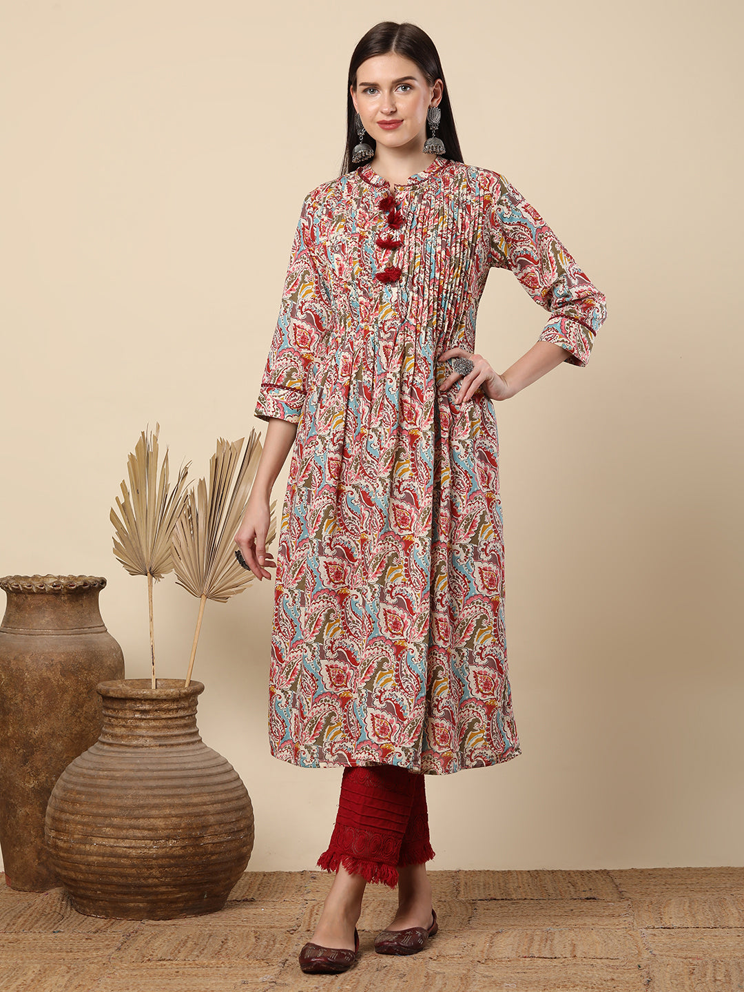 Ethnic Paisley Printed & Pin Tucked A-Line Flared Cotton Kurta - Red