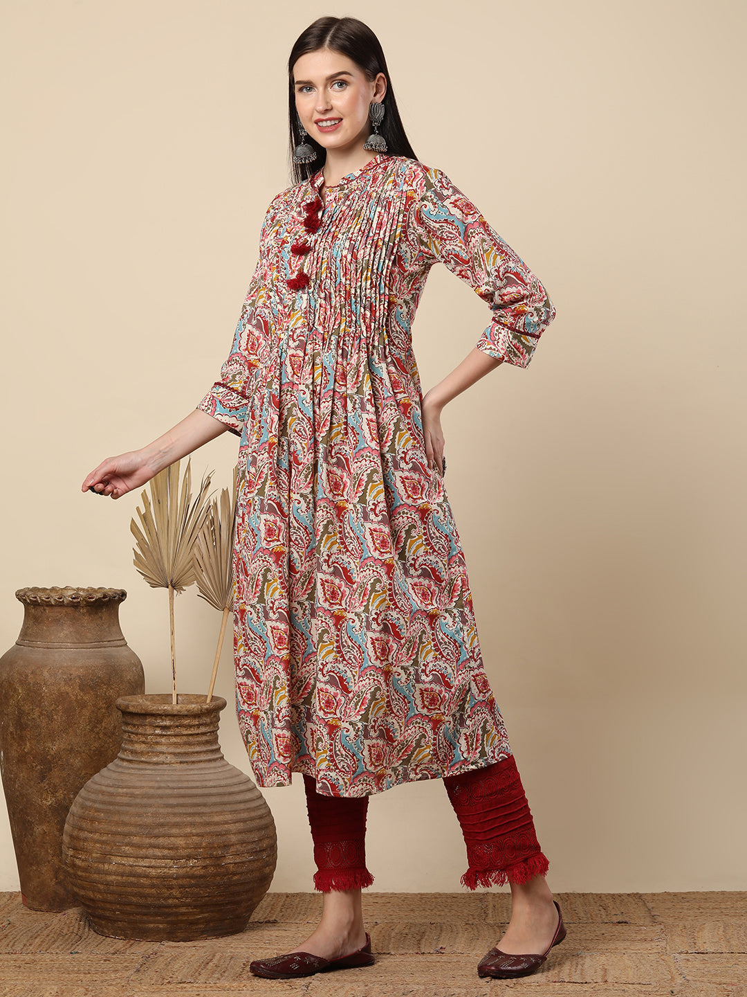 Ethnic Paisley Printed & Pin Tucked A-Line Flared Cotton Kurta - Red
