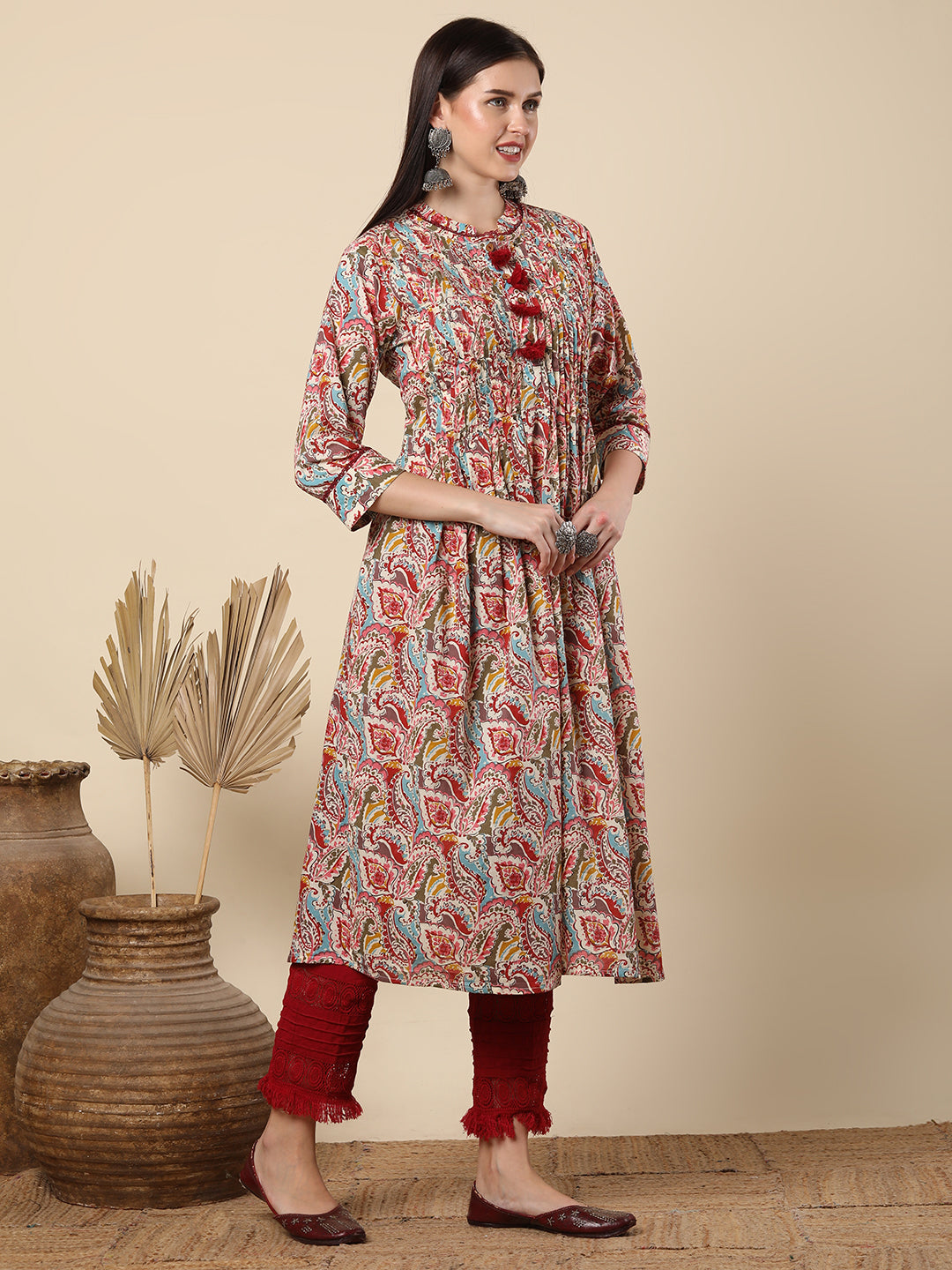 Ethnic Paisley Printed & Pin Tucked A-Line Flared Cotton Kurta - Red
