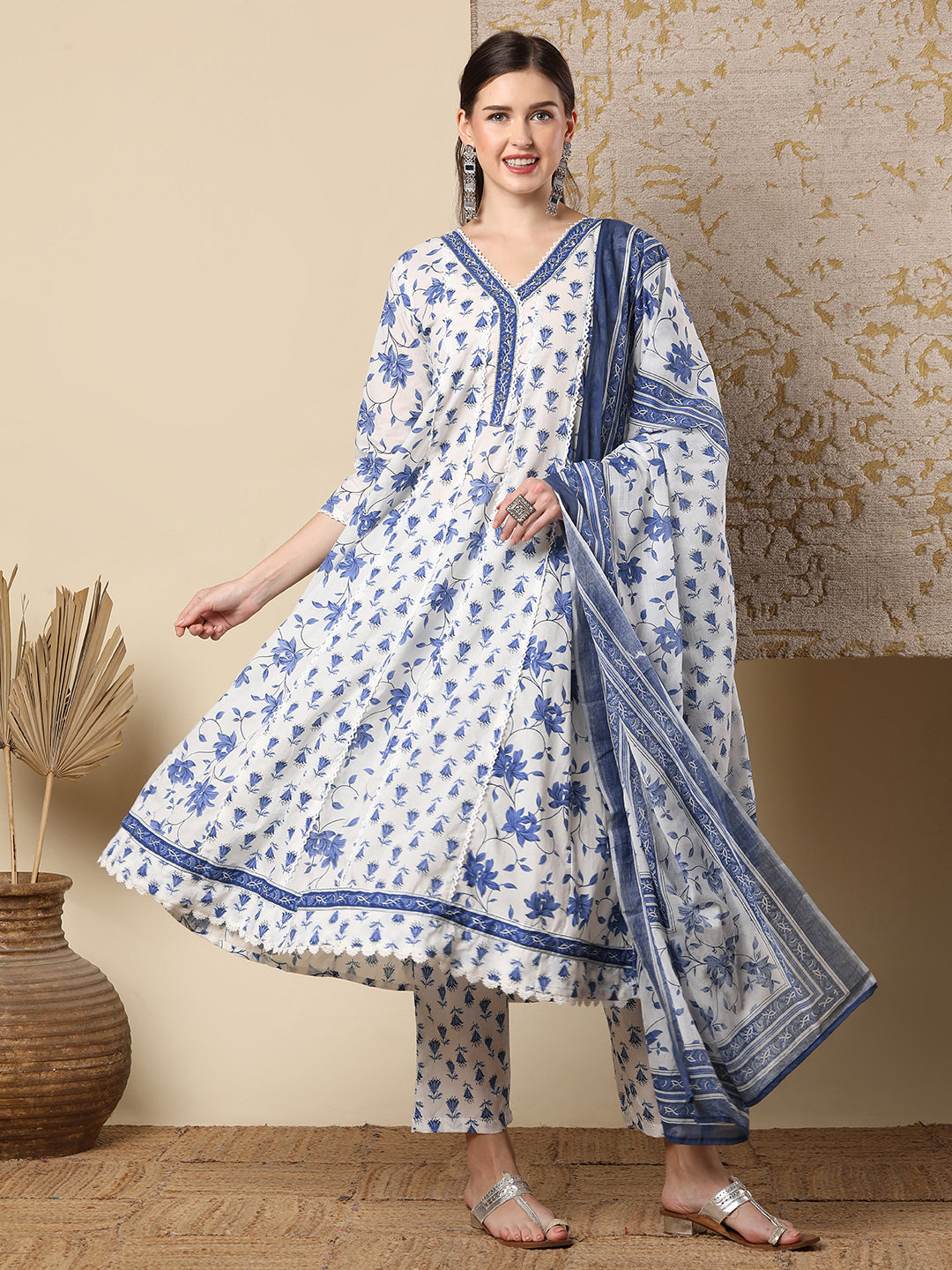 Ethnic Printed & Hand Embroidered Anarkali Flared Kurta with Pant & Dupatta - Off White